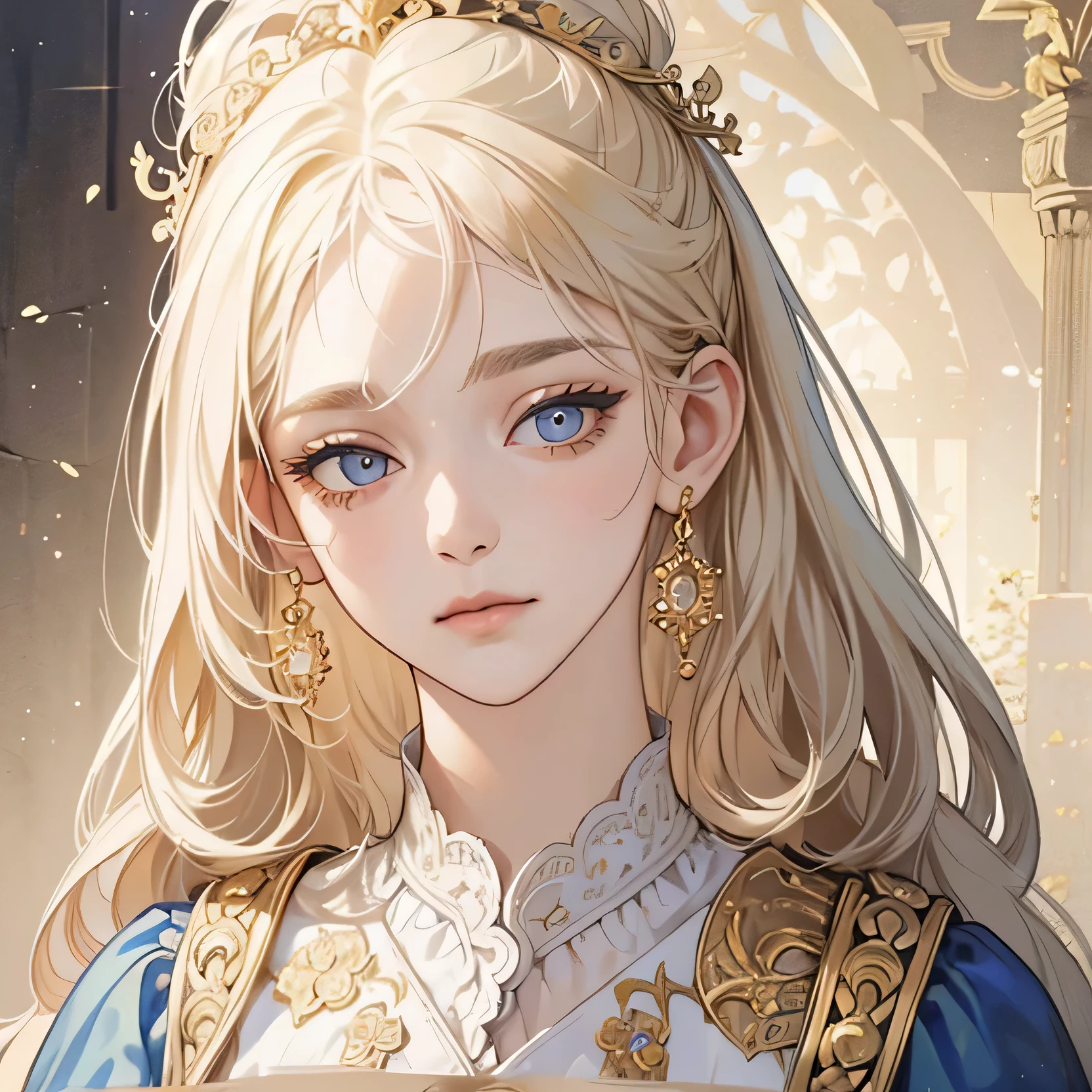(extremely delicate and beautiful:1.2), 8K,(masterpiece:1.0),(best_quality:1.0), 1 girl, and intricate detailing, Enlarged textures, and intricate detailing, finely eye and detailed face, and intricate detailing, shiraga, platinum blonde curls long hair, (closed mouths), Perfect eyes, Equal eyes, carolina eyes (A famale god) with white and gold ancient clothing and blue accessories 
