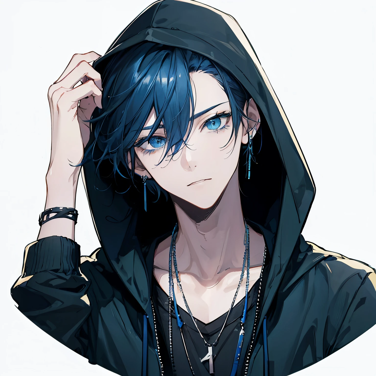 high resolution、high quality、Blue-black hair、Turquoise eyes、hoodie、male