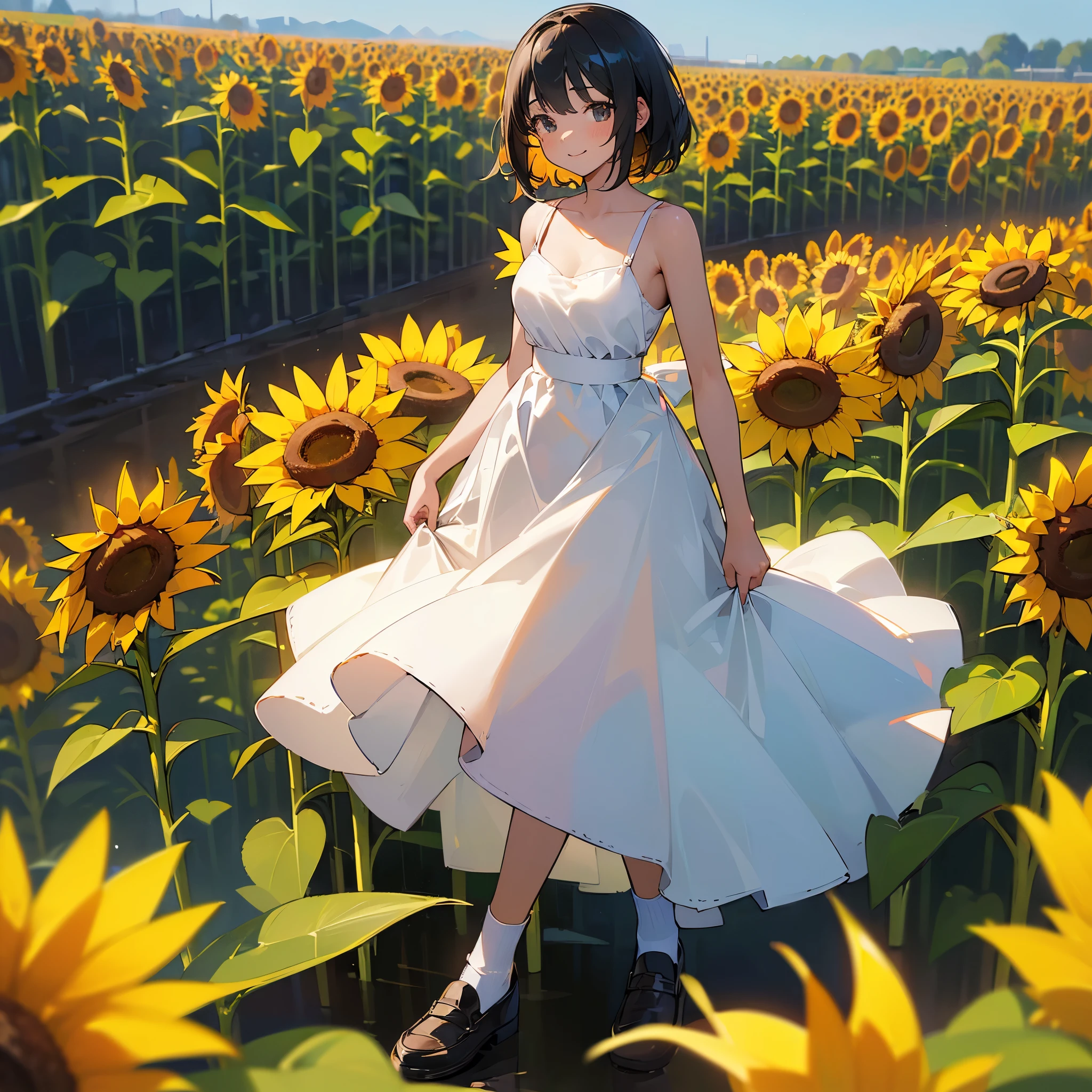 (high quality, High resolution, Very detailed, reality:1.37), Peaceful atmosphere, (Sunflower field), Teenage girl standing alone, (my breasts are big.), Beautiful details, Cute Smile, (Black bob hair), White camisole dress, White socks, loafers.