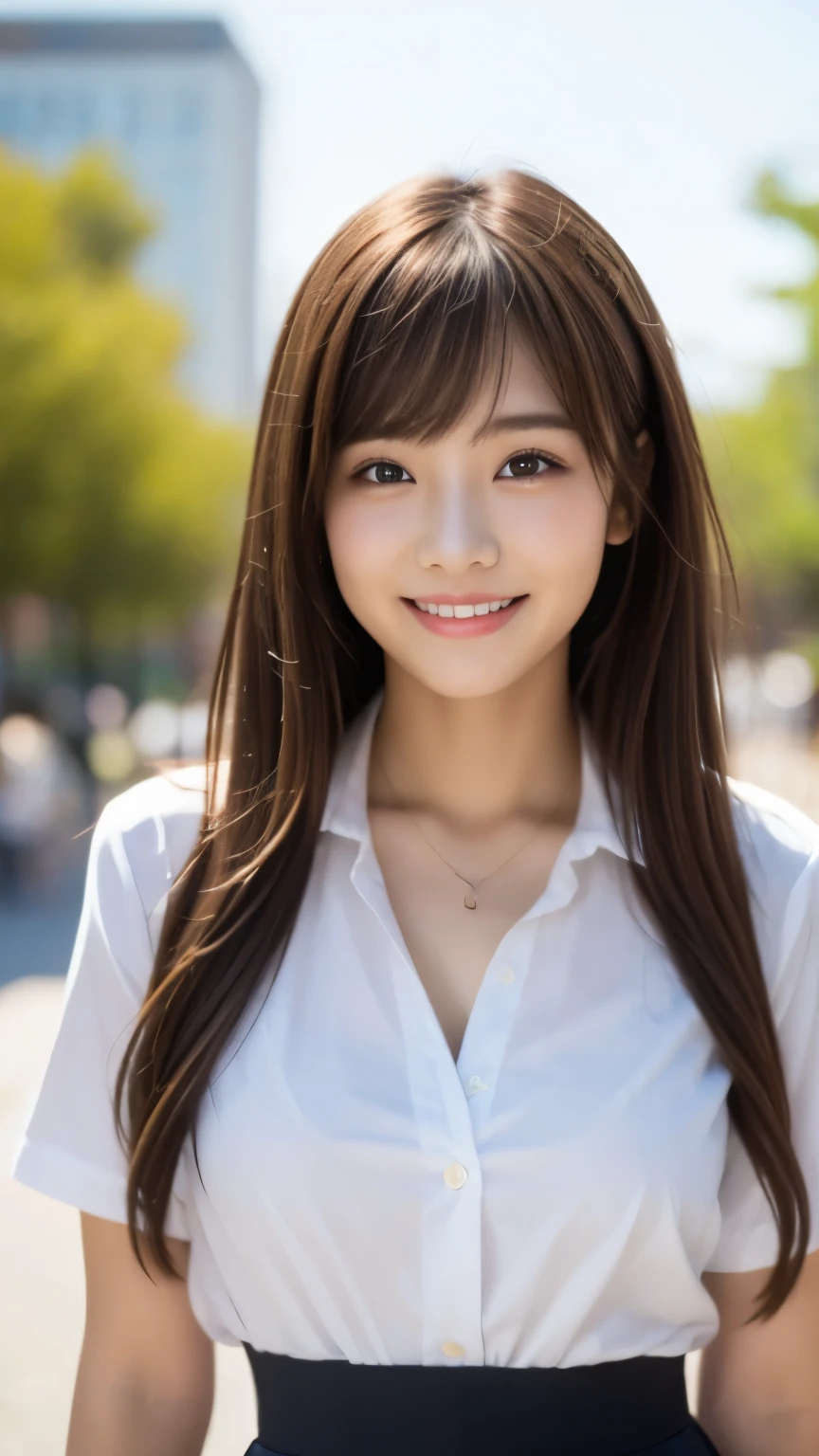 bright表情、Realistic:1.32、highest quality、超A high resolution、最も美しい日本のgirlの写真、Cute and beautiful face details、Small face、美しいbangs、************、Shine, fair, Shine肌、Hair gets tangled in the face、(girl１Only people:1.3)、顔まで伸びるbangs、bangs、Hair between the eyes、Attractive brown silky hair、bright、彼女の澄んだ瞳は魅力的にShine、Cute pose、highest quality、Confused、((The cutest girl in the world))、Japanese、((Summer uniforms for students:1.3))、((Open shirt:1.3))、(High waist pleated skirt)、Newest Brands、(Side Half Up:1.3)、(Thin ribbon)、Nice and cute、An innocent smile、nice smile、Cleavage、(Big Breasts:1.3)、(Pose cutely:1.3)、Brown Hair、Narrow waist、Beautiful eyes in every detail、View your audience、Upper Body、Face close-up、Front view、