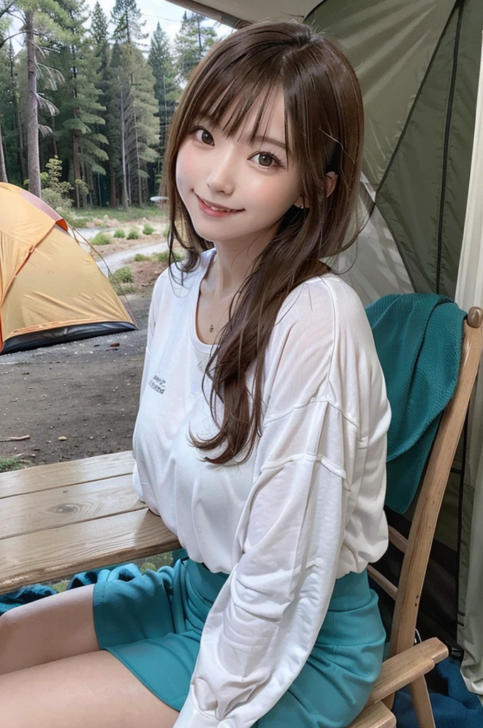 masterpiece, High Resolution, girl,sitting on a chair watching the fire, ((Colorful outdoor wear)), (A woman who loves traveling), forest, wood, mount, tent, picnic, adventure ,smile,Solo Camping,night