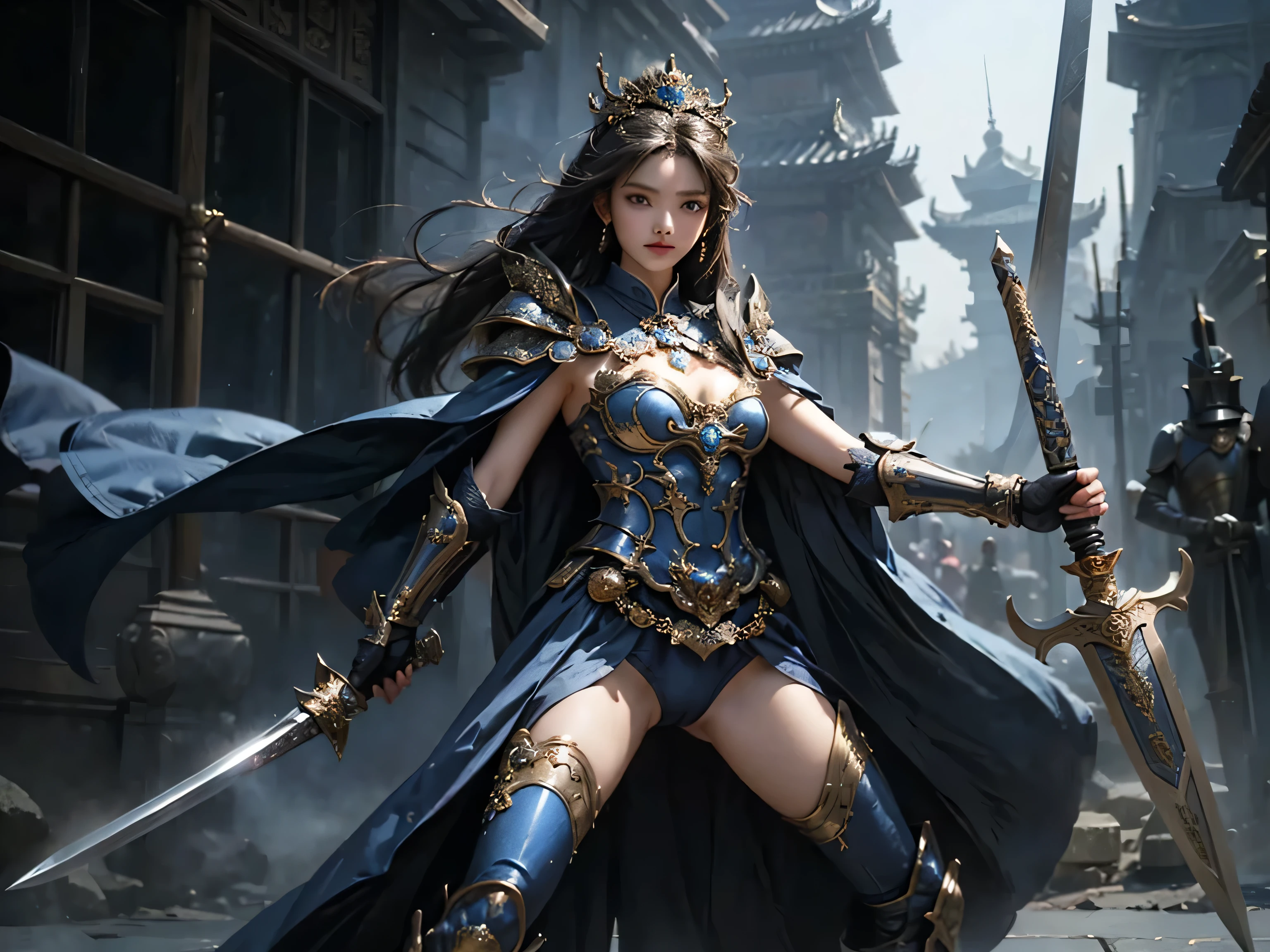 ((masterpiece))、((highest quality))、((Surreal)), ((Highly detailed CG))、Mature Woman、Beautiful Face、Female Generals、Chinese Dollar、Three Kingdoms、armor、Sexy Armor、Upper high leg、Cameltoe、Gorgeous hair ornament、Cape、Combat Stance、Has a blue dragon sword