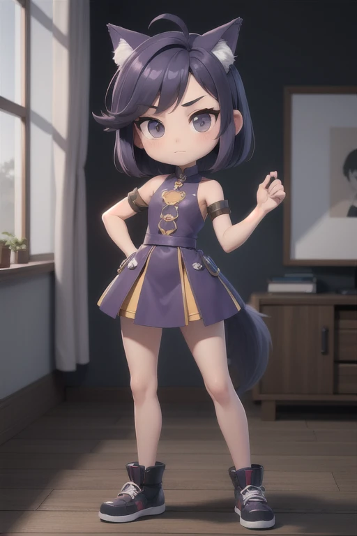 Chibi, stand straight hands down, wolfcut hair style color purple, use rollescore