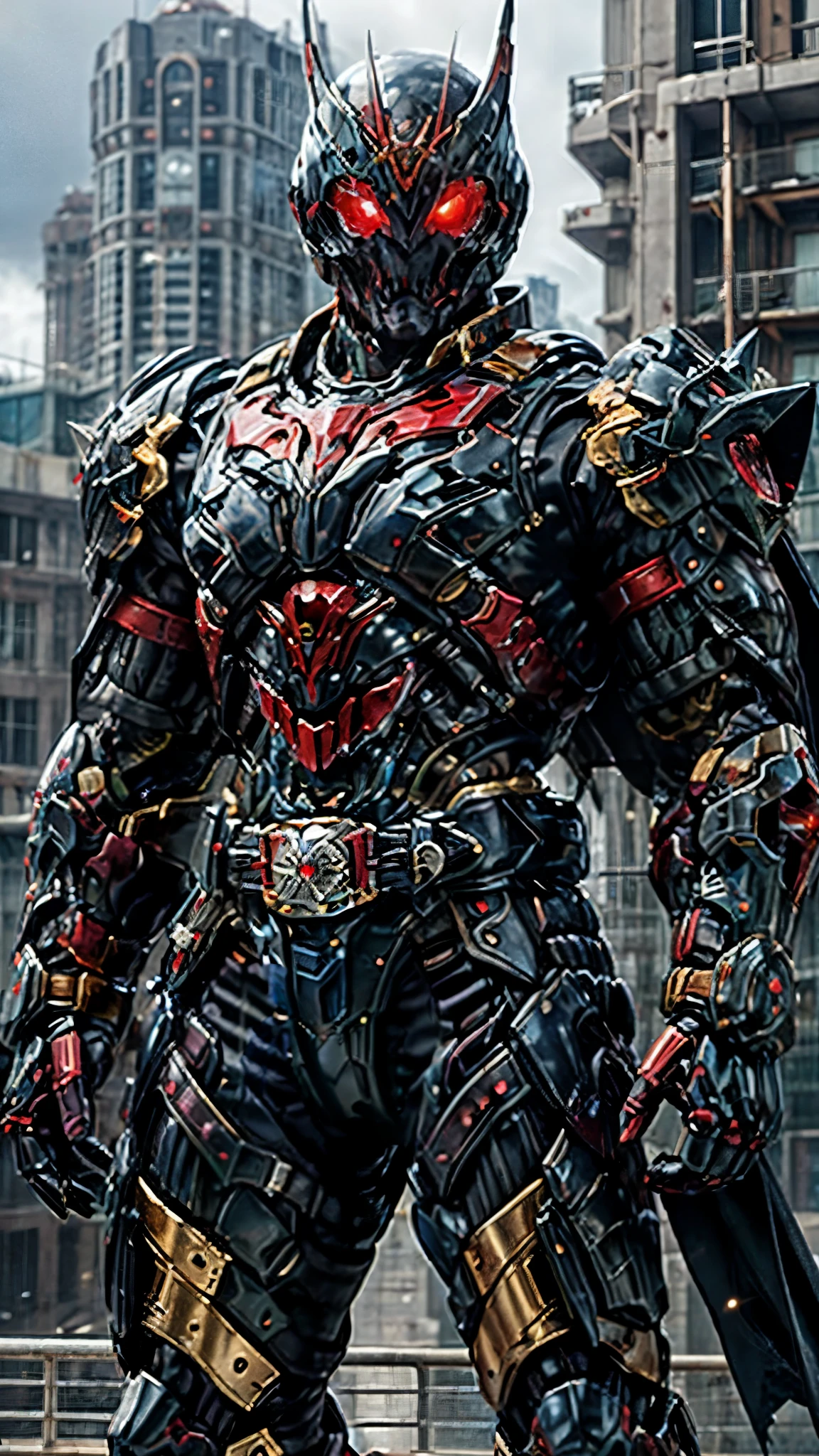 A man wearing a full-face helmet, a fantasy-style biotech armored combat suit, green eyes, (a composite layered chest armor), fully enclosed shoulder guards, matching arm and leg guards, the belt is adorned with fangs biting into gemstone, (the color scheme is primarily blue with black and red accents), the design balances heavy with agility, a high-tech bio-mecha armor, (Armor Concept Inspired by Vampire, the huge cape fluttering in the wind, stand on the top of a skyscraper in a futuristic sci-fi city), this character embodies a finely crafted fantasy-surreal style armored hero in anime style, exquisite and mature manga art style, (battle damage, element, blood, plasma, energy, the armor glows), ((male:1.5)), metallic, real texture material, dramatic, high definition, best quality, highres, ultra-detailed, ultra-fine painting, extremely delicate, professional, perfect body proportions, golden ratio, anatomically correct, symmetrical face, extremely detailed eyes and face, high quality eyes, creativity, RAW photo, UHD, 32k, Natural light, cinematic lighting, masterpiece-anatomy-perfect, masterpiece:1.5