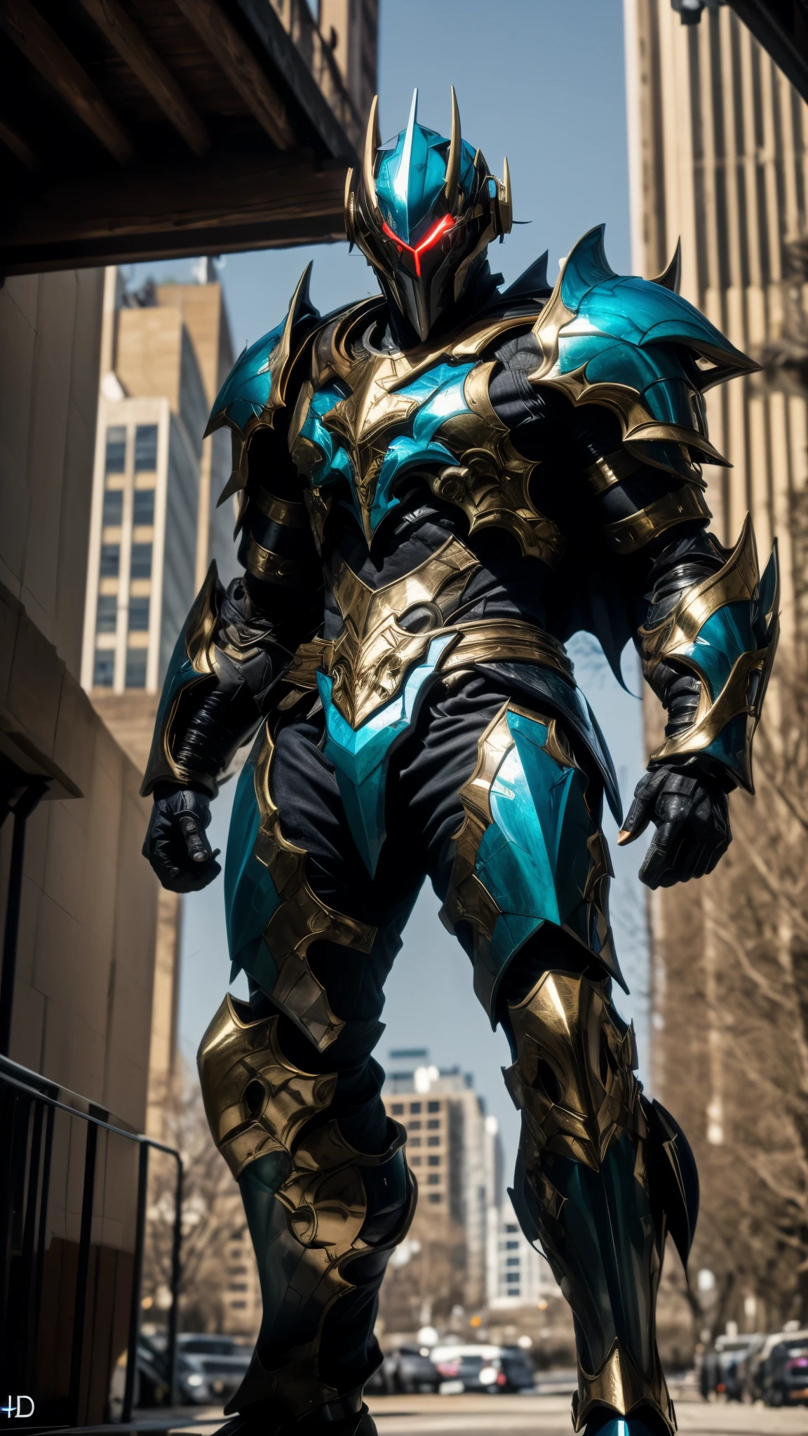 A man wearing a full-face helmet, a fantasy-style biotech armored combat suit, green eyes, (a composite layered chest armor), fully enclosed shoulder guards, matching arm and leg guards, the belt is adorned with fangs biting into gemstone, (the color scheme is primarily blue with black and red accents), the design balances heavy with agility, a high-tech bio-mecha armor, (Armor Concept Inspired by Vampire, the huge cape fluttering in the wind, stand on the top of a skyscraper in a futuristic sci-fi city), this character embodies a finely crafted fantasy-surreal style armored hero in anime style, exquisite and mature manga art style, (battle damage, element, blood, plasma, energy, the armor glows), ((male:1.5)), metallic, real texture material, dramatic, high definition, best quality, highres, ultra-detailed, ultra-fine painting, extremely delicate, professional, perfect body proportions, golden ratio, anatomically correct, symmetrical face, extremely detailed eyes and face, high quality eyes, creativity, RAW photo, UHD, 32k, Natural light, cinematic lighting, masterpiece-anatomy-perfect, masterpiece:1.5