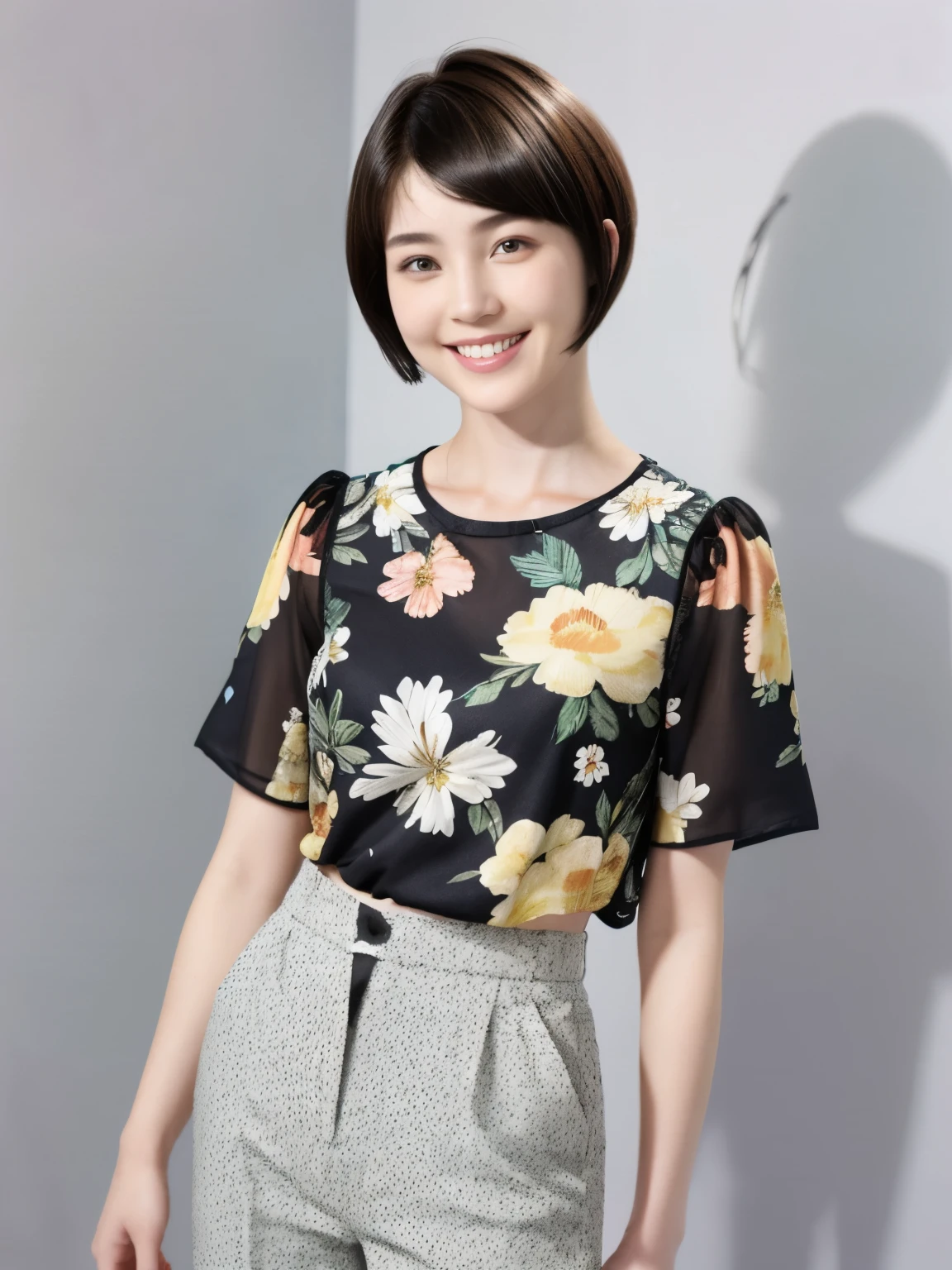 230 (18-year-old female,Floral clothes), ((short hair:1.46)), (Pants Style), (A kind smile)