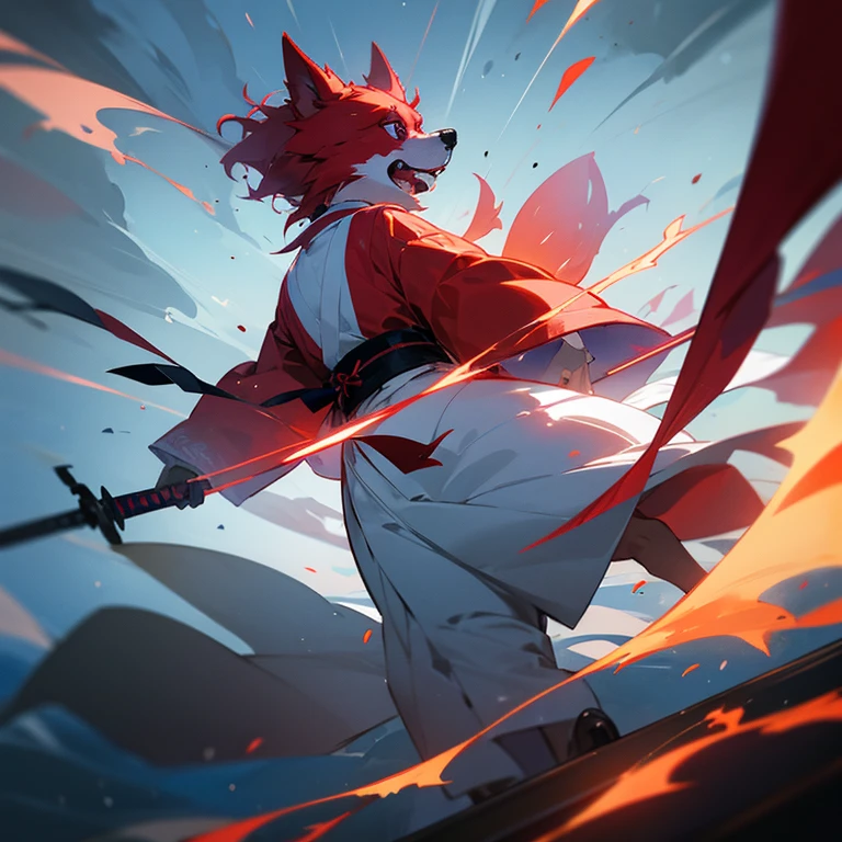 A scarlet-haired dog that walks just like humans、kimono、Carrying a sword,Particle Effects,He wears the wind、風のParticle Effects,front cut、Being Calm