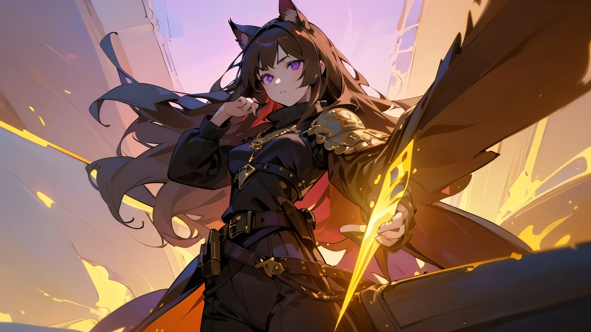 (Masterpiece), (Best Quality), (detailed and beautiful eyes:1.6) (perfect hands, perfect anatomy) ( A young female character with long, brown hair featuring lighter streaks, styled in loose waves. She has striking (purple eyes and a confident, slightly defiant expression). She has distinctive cat-like ears, brown with pink inner fur. She wears a black form-fitting top adorned with gold and red accents, including intricate patterns. Over this, she has a dark-purple cloak covering with gold detailing. Accessories include a fiolet gemstone necklace and a belt with gold ornaments. The character is depicted in a dynamic low-angle shot, giving a sense of power and movement. The background is abstract with a gradient from dark to light hues, adding depth and emphasizing the character. The lighting is warm and dramatic, with strong highlights and shadows enhancing the overall design. She has a brown belt with dark fiolet accents cinched around her waist and wears brown pants with armored greaves.
