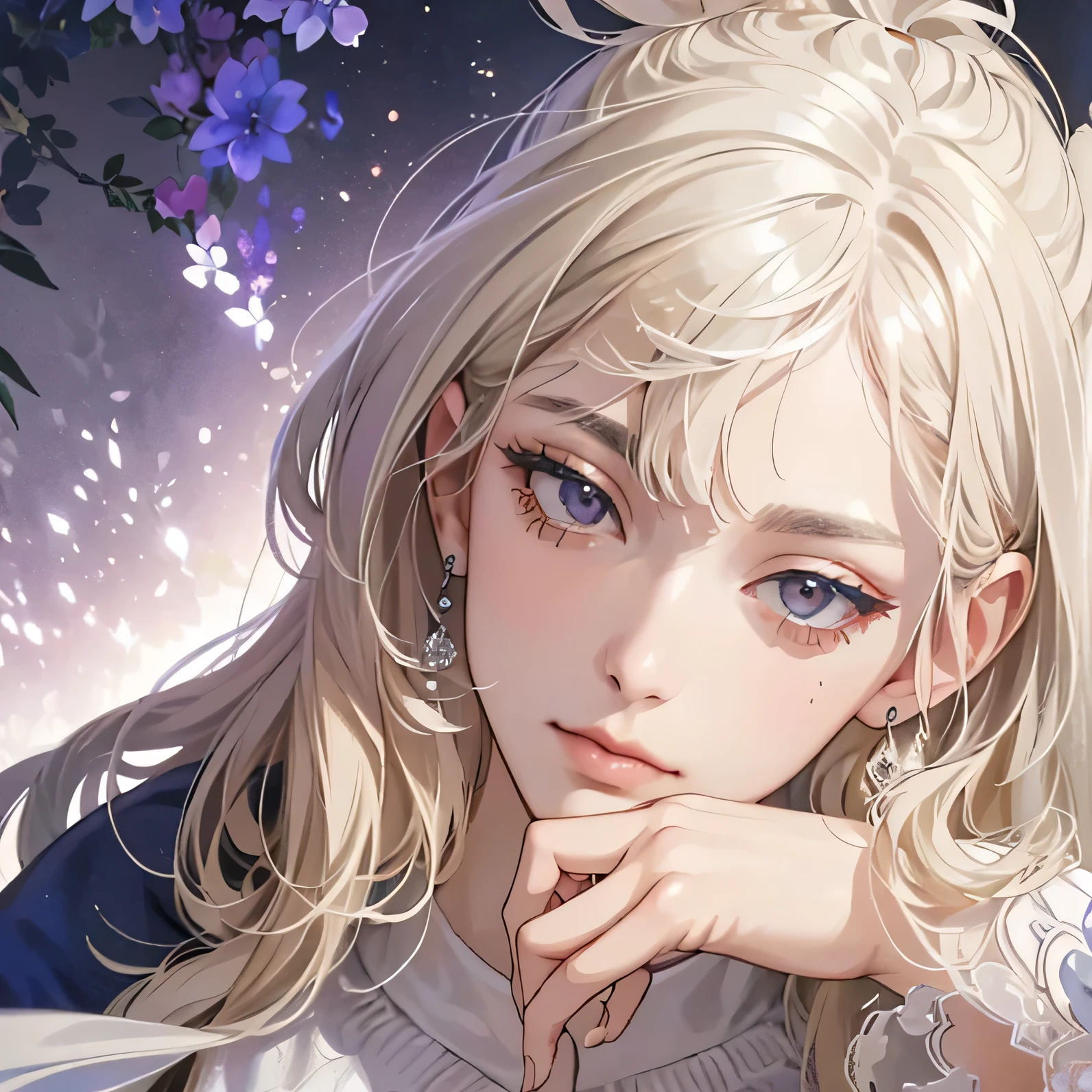 (extremely delicate and beautiful:1.2), 8K,(masterpiece:1.0),(best_quality:1.0), 1 girl, and intricate detailing, Enlarged textures, and intricate detailing, finely eye and detailed face, and intricate detailing, shiraga, platinum blonde curls long hair, (closed mouths), Perfect eyes, Equal eyes, carolina eyes (A famale god) with white and silver ancient clothing and blue accessories 