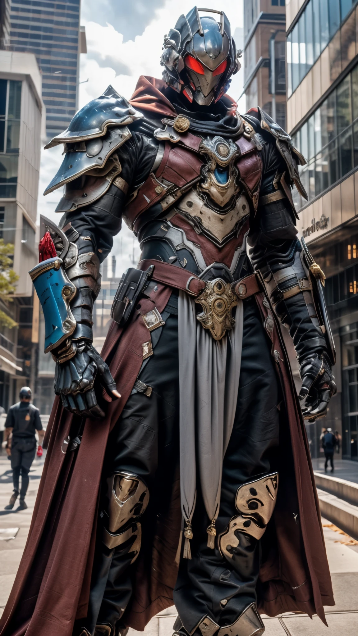 A man wearing a full-face helmet, a fantasy-style biotech armored combat suit, green eyes, (a composite layered chest armor), fully enclosed shoulder guards, matching arm and leg guards, the belt is adorned with fangs biting into gemstone, (the color scheme is primarily blue with black and red accents), the design balances heavy with agility, a high-tech bio-mecha armor, (Armor Concept Inspired by Vampire, the huge cape fluttering in the wind, stand on the top of a skyscraper in a futuristic sci-fi city), this character embodies a finely crafted fantasy-surreal style armored hero in anime style, exquisite and mature manga art style, (battle damage, element, blood, plasma, energy, the armor glows), ((male:1.5)), metallic, real texture material, dramatic, high definition, best quality, highres, ultra-detailed, ultra-fine painting, extremely delicate, professional, perfect body proportions, golden ratio, anatomically correct, symmetrical face, extremely detailed eyes and face, high quality eyes, creativity, RAW photo, UHD, 32k, Natural light, cinematic lighting, masterpiece-anatomy-perfect, masterpiece:1.5