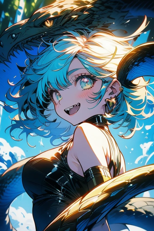 1lady,solo,cute,blush,lightgreen hair and short hair,black big snake,snake has fang,snake body is slimy,snake tight her neck,in forest,nature,wet body
