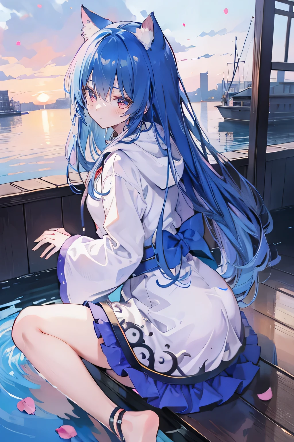 (masterpiece:1.2),Super detailed,lifelike,Expressive eyes,fair skin,perfect face shape,1 girl,
Japanese comics,Gorgeous blue hair,flowing blue hair,flowing clothes,Cat ears,Petals fall,beautiful lola,Baby Angel,
Shaking head with one hand,Cross your legs,Gentle and peaceful background,The pavilion is cool and comfortable,smile, wearing hoodie, background of tokyo,back views,snowing, winter,lie on the water.