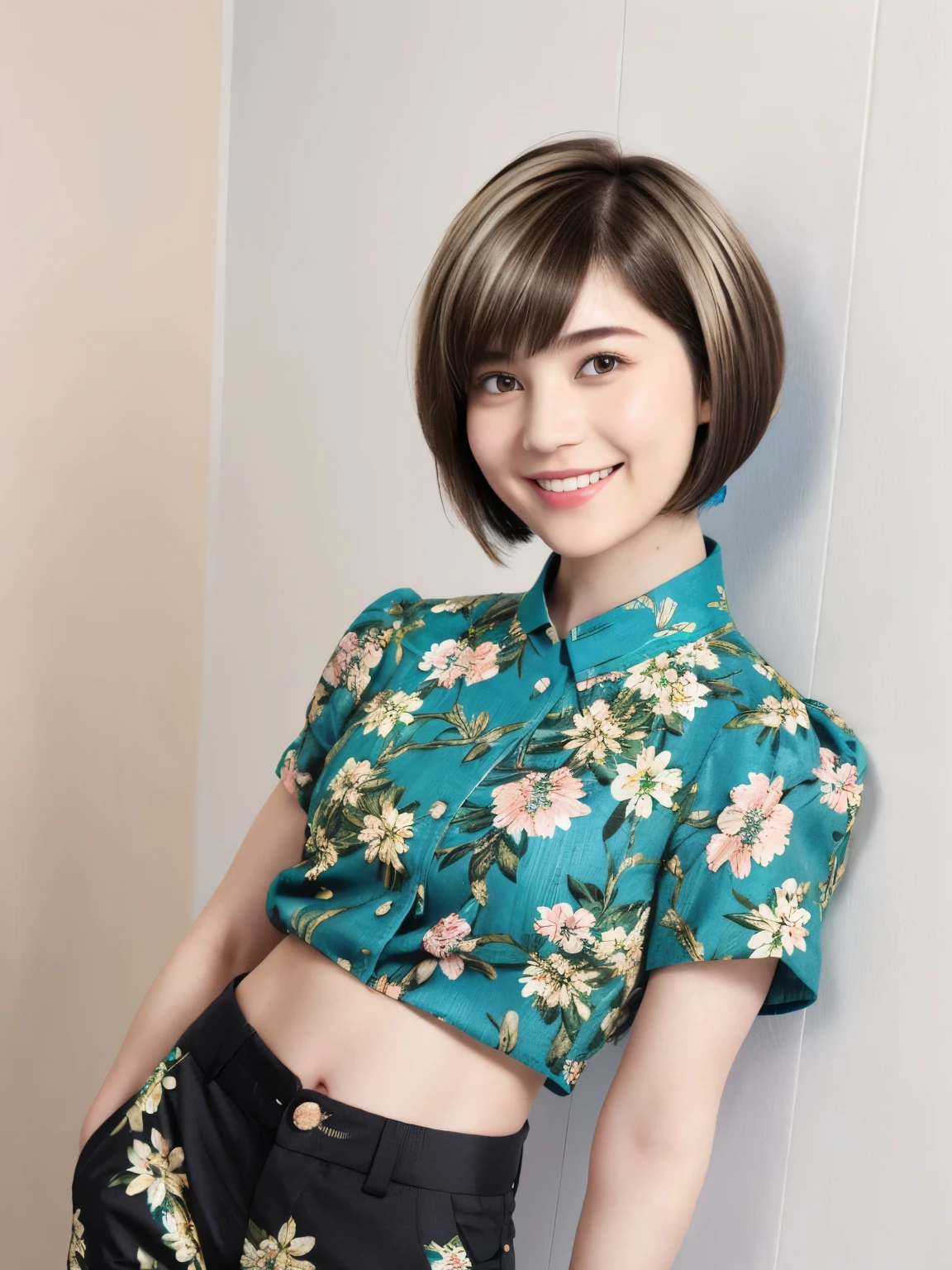 230 (18-year-old female,Floral clothes), ((short hair:1.46)), (Pants Style), (A kind smile)