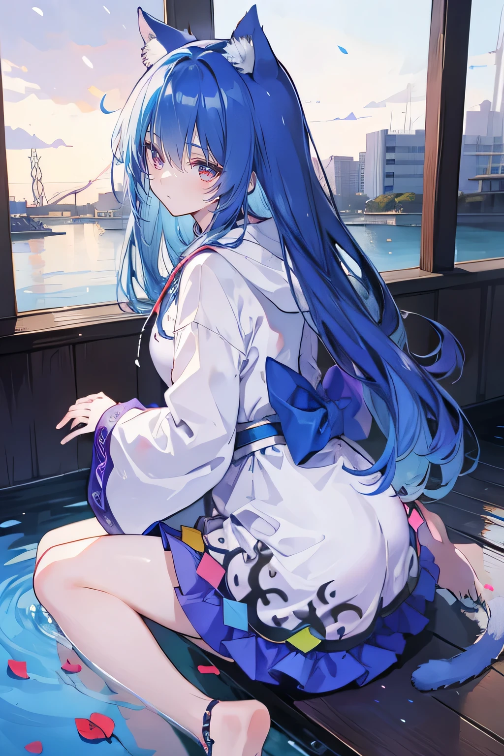 （masterpiece：1.2），Super detailed，lifelike，Expressive eyes，fair skin，perfect face shape，1 girl，
Japanese comics,Gorgeous blue hair,flowing blue hair,flowing clothes,Cat ears,Petals fall,beautiful lola,Baby Angel,
Shaking head with one hand，Cross your legs，Gentle and peaceful background，The pavilion is cool and comfortable,smile, wearing hoodie, background of tokyo,back views,snowing, winter,lie on the water. 