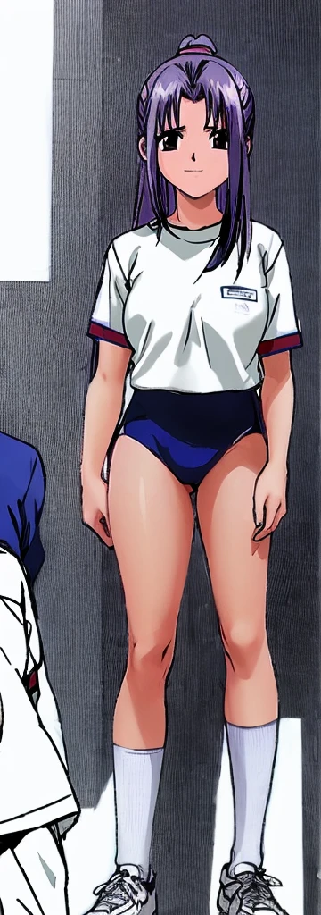 Momoko Koigakubo, a tall girl with beautiful legs, is standing with her legs spread to the sides in a white gym uniform and light navy blue bloomers that look like panties.。Next to Momoko Koigakubo, a  boy with a shaved head and wearing a tracksuit is smiling and grabbing her thigh.。