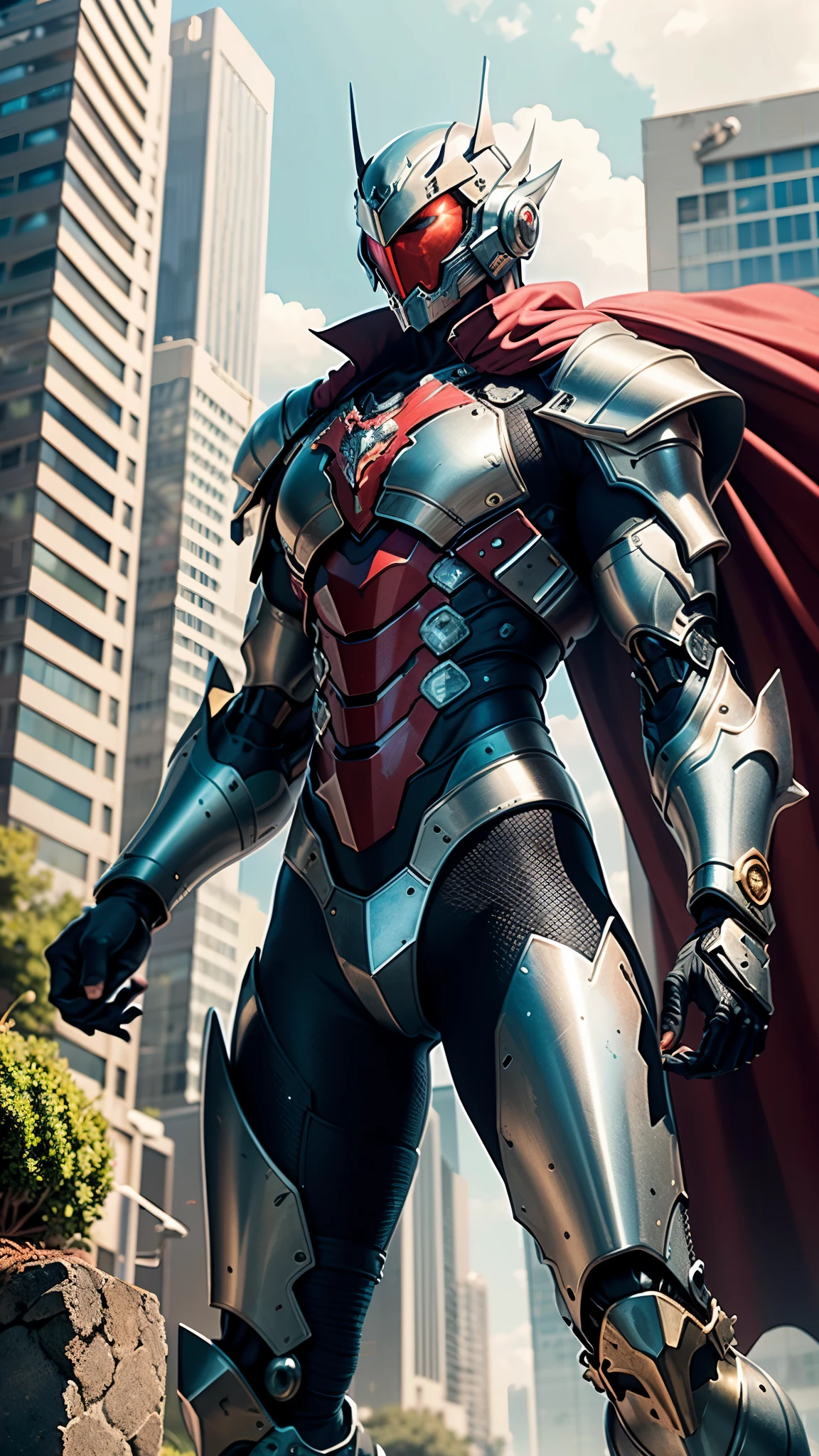 A man wearing a full-face helmet, a fantasy-style biotech armored combat suit, green eyes, (a composite layered chest armor), fully enclosed shoulder guards, matching arm and leg guards, the belt is adorned with fangs biting into gemstone, (the color scheme is primarily blue with black and red accents), the design balances heavy with agility, a high-tech bio-mecha armor, (Armor Concept Inspired by Vampire, the huge cape fluttering in the wind, stand on the top of a skyscraper in a futuristic sci-fi city), this character embodies a finely crafted fantasy-surreal style armored hero in anime style, exquisite and mature manga art style, (battle damage, element, blood, plasma, energy, the armor glows), ((male:1.5)), metallic, real texture material, dramatic, high definition, best quality, highres, ultra-detailed, ultra-fine painting, extremely delicate, professional, perfect body proportions, golden ratio, anatomically correct, symmetrical face, extremely detailed eyes and face, high quality eyes, creativity, RAW photo, UHD, 32k, Natural light, cinematic lighting, masterpiece-anatomy-perfect, masterpiece:1.5