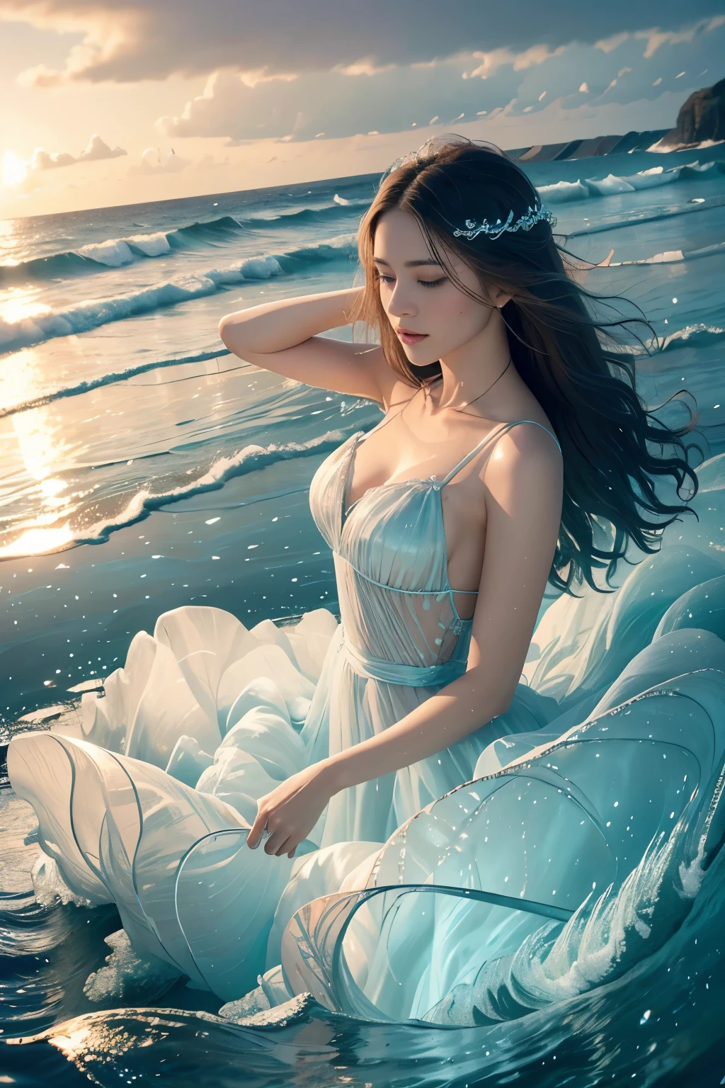 A woman in a dress sitting on a beach next to the ocean - SeaArt AI