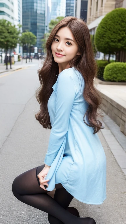 ((highest quality, 8k, masterpiece: 1.3)), 1 girl, smile, ((whole body: 1.3)), Innocent pose, whole bodyを捉える360度自由撮影, Slim face, Beautiful woman, Free Hairstyles, (Free hair coloring), Tunic in free color: 1.1, Over-the-knee tunic, Simple patterns, Stylish Mules, Highly detailed face, Fine Eyes, double eyelid, Blurred Background, Slim face, city, outside, street,Front view,whole body正面写真,Shoot from a frontal perspective
