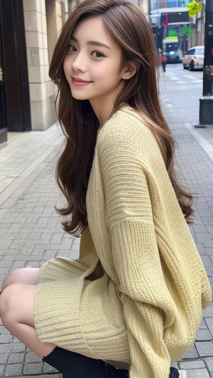 ((highest quality, 8k, masterpiece: 1.3)), 1 girl, smile, ((whole body: 1.3)), Innocent pose, whole bodyを捉える360度自由撮影, Slim face, Beautiful woman, Free Hairstyles, (Free hair coloring), Tunic in free color: 1.1, Over-the-knee tunic, Simple patterns, Stylish Mules, Highly detailed face, Fine Eyes, double eyelid, Blurred Background, Slim face, city, outside, street,Front view,whole body正面写真,Shoot from a frontal perspective