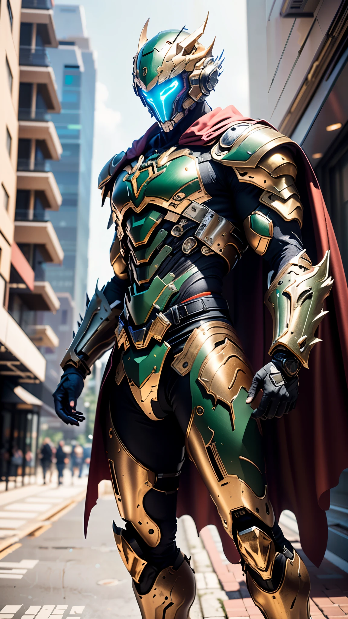 A man wearing a full-face helmet, a fantasy-style biotech armored combat suit, green eyes, (a composite layered chest armor), fully enclosed shoulder guards, matching arm and leg guards, the belt is adorned with fangs biting into gemstone, (the color scheme is primarily blue with black and red accents), the design balances heavy with agility, a high-tech bio-mecha armor, (Armor Concept Inspired by Vampire, the huge cape fluttering in the wind, stand on the top of a skyscraper in a futuristic sci-fi city), this character embodies a finely crafted fantasy-surreal style armored hero in anime style, exquisite and mature manga art style, (battle damage, element, blood, plasma, energy, the armor glows), ((male:1.5)), metallic, real texture material, dramatic, high definition, best quality, highres, ultra-detailed, ultra-fine painting, extremely delicate, professional, perfect body proportions, golden ratio, anatomically correct, symmetrical face, extremely detailed eyes and face, high quality eyes, creativity, RAW photo, UHD, 32k, Natural light, cinematic lighting, masterpiece-anatomy-perfect, masterpiece:1.5