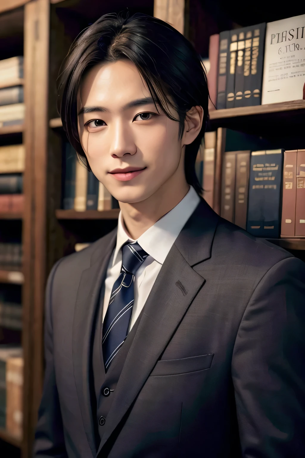 (8k、RAW Photos、highest quality、masterpiece:1.2)、(Realistic、Realistic:1.37)、Super detailed、Man in suit、超A high resolution、1 boy、View your viewers、Beautifully detailed face、A smile with just a few teeth showing、narrow、(Slim waist) :1.3)、((Man in suit))、Beautiful and detailed skin、Skin Texture、Professional Lighting、Autumn Night、library、Human whole body、Black Hair、I have a book、