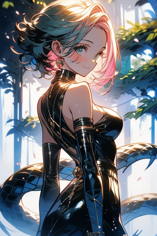 1lady,solo,cute,blush,lightgreen hair and short hair, wet body,black big snake,snake has fang,snake body is slimy,snake tight her neck,in forest,wood,grass,