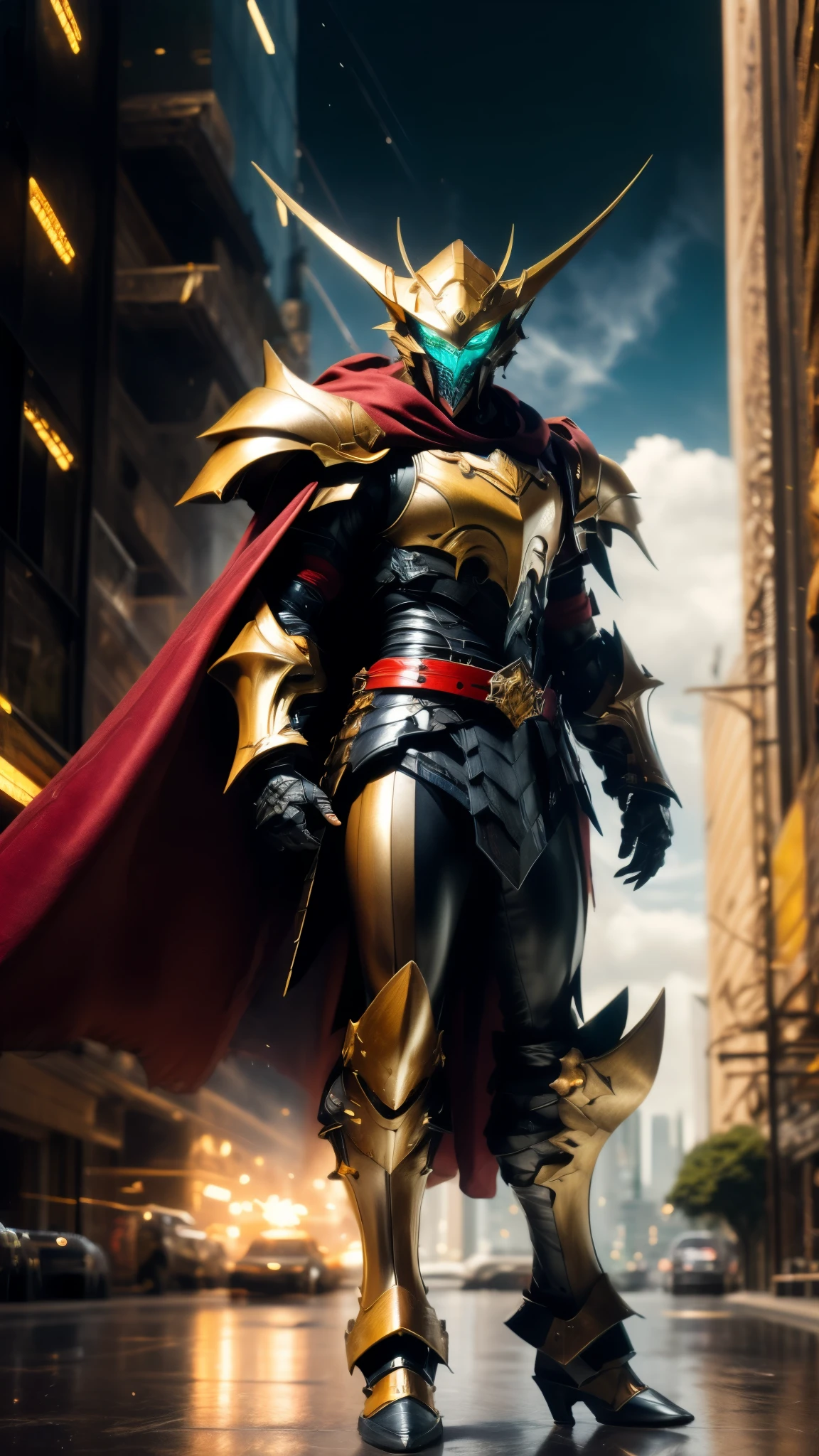 A man wearing a full-face helmet, a fantasy-style biotech armored combat suit, green eyes, (a composite layered chest armor), fully enclosed shoulder guards, matching arm and leg guards, the belt is adorned with fangs biting into gemstone, (the color scheme is primarily blue with black and red accents), the design balances heavy with agility, a high-tech bio-mecha armor, (Armor Concept Inspired by Vampire, the huge cape fluttering in the wind, stand on the top of a skyscraper in a futuristic sci-fi city), this character embodies a finely crafted fantasy-surreal style armored hero in anime style, exquisite and mature manga art style, (battle damage, element, blood, plasma, energy, the armor glows), ((male:1.5)), metallic, real texture material, dramatic, high definition, best quality, highres, ultra-detailed, ultra-fine painting, extremely delicate, professional, perfect body proportions, golden ratio, anatomically correct, symmetrical face, extremely detailed eyes and face, high quality eyes, creativity, RAW photo, UHD, 32k, Natural light, cinematic lighting, masterpiece-anatomy-perfect, masterpiece:1.5