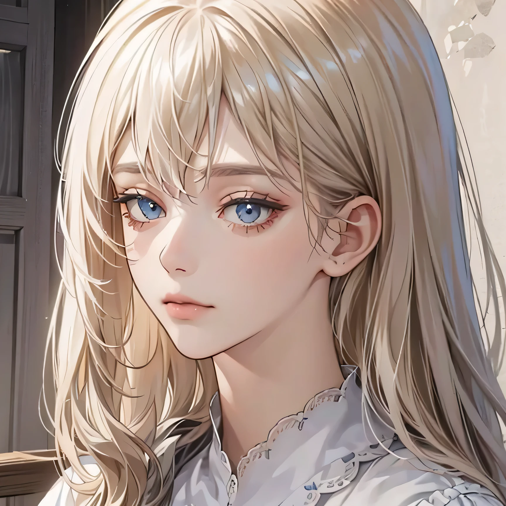 (extremely delicate and beautiful:1.2), 8K,(masterpiece:1.0),(best_quality:1.0), 1 girl, and intricate detailing, Enlarged textures, and intricate detailing, finely eye and detailed face, emotionless face, and intricate detailing, shiraga, platinum blonde curls long hair, (closed mouths), Perfect eyes, Equal eyes, carolina eyes (A famale god) with white and silver ancient clothing and blue accessories 