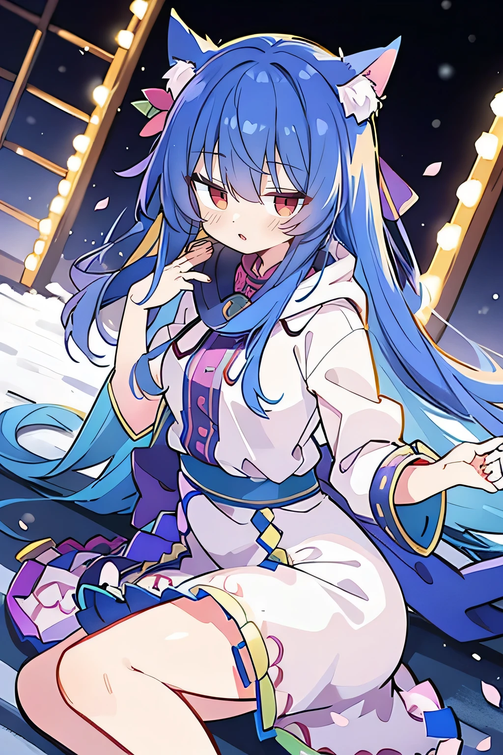 (masterpiece:1.2),Super detailed,lifelike,Expressive eyes,fair skin,perfect face shape,1 girl,
Japanese comics,Gorgeous blue hair,flowing blue hair,flowing clothes,Cat ears,Petals fall,beautiful lola,Baby Angel,
Shaking head with one hand,Cross your legs,Gentle and peaceful background,The pavilion is cool and comfortable,smile, wearing hoodie, background of tokyo,back views,snowing, winter,lie on the ground.