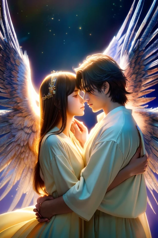 Anime Style,Two people embracing each other、(Surrealist:1.2), beautiful, Master Parts, highest quality, Highly detailed face, Perfect lighting, Nice hands, Perfect Arms, An angel shining with a sacred and heavenly splendor, (Heavenly Being:1.2), (Calm expression), (Majestic Wings), (Mysterious glow:1.1), (Peaceful and comfortable), (Superb beauty), (God's Grace), (A symbol of purity), (Golden Halo), (An uplifting atmosphere), (Kingdom of Heaven), (Spiritual Lighting), (Soft and protective), (Illumination light:1.2), (Angelic figures), (Harmony and tranquility), (Angel Robe), (Timeless and heavenly), (Captivating aura), (Healing and guidance)