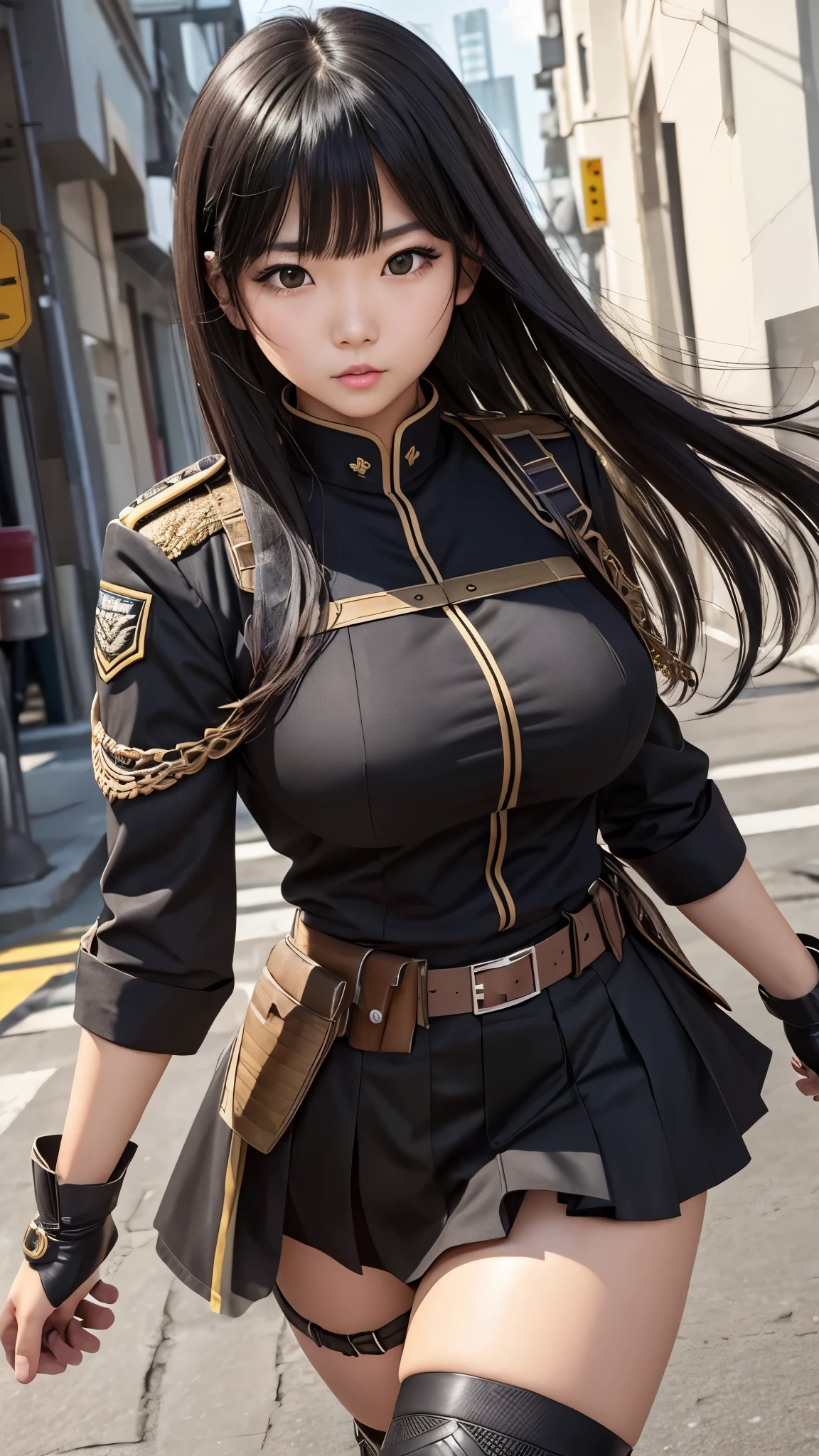 Detailed face、highlight、Asian Girl、thigh、breast enhancement、Black Hair、Heavy bangs、Combat Uniform、skirt、