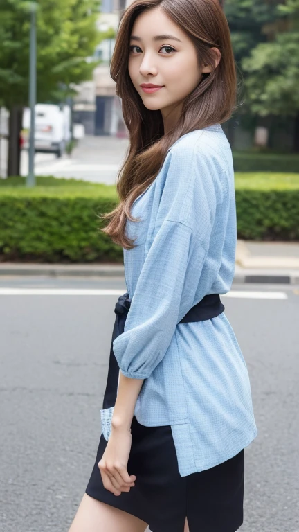 ((highest quality, 8k, masterpiece: 1.3)), 1 girl, smile, ((whole body: 1.3)), Innocent pose, whole bodyを捉える360度自由撮影, Slim face, Beautiful woman, Free Hairstyles, (Free hair coloring), Tunic in free color: 1.1, Over-the-knee tunic, Simple patterns, Stylish Mules, Highly detailed face, Fine Eyes, double eyelid, Blurred Background, Slim face, city, outside, street,Front view,whole body正面写真,Shoot from a frontal perspective,Standing、Standing in front