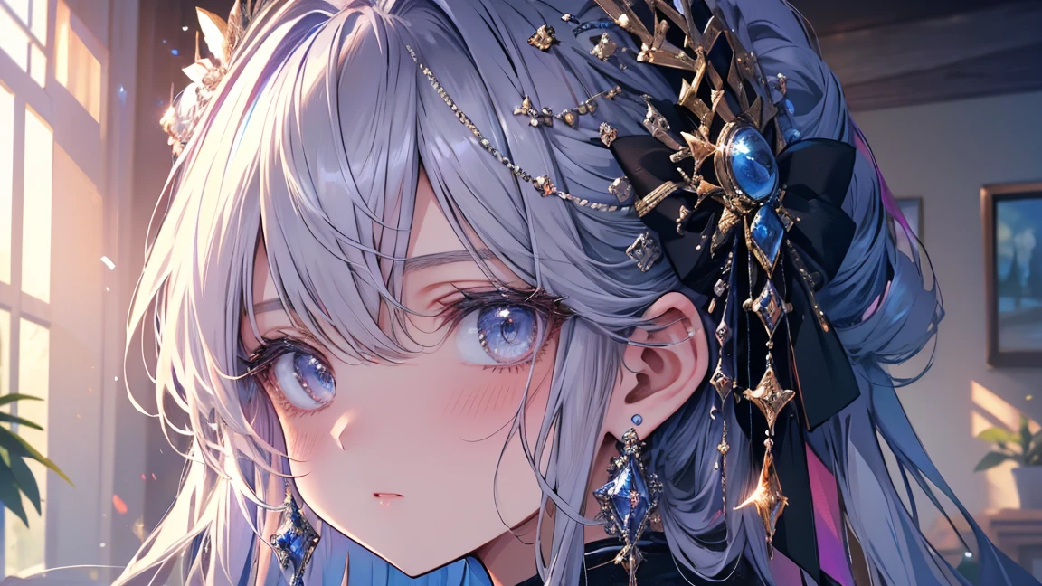 (highest quality,4K,8k,High resolution,masterpiece:1.2),Super detailed,Vibrant colors,Soft Shadows,Beautiful brushwork,Attention to detail,perfect render,rich skin tone,Expressive eyes,Captivating Expressions,Golden shades, Japanese high school students, Blue and black high school girl uniform, Silvery white hair, The right side is braided, Left: 1 blue hairpin and 1 yellow hairpin, blue eyes, shy