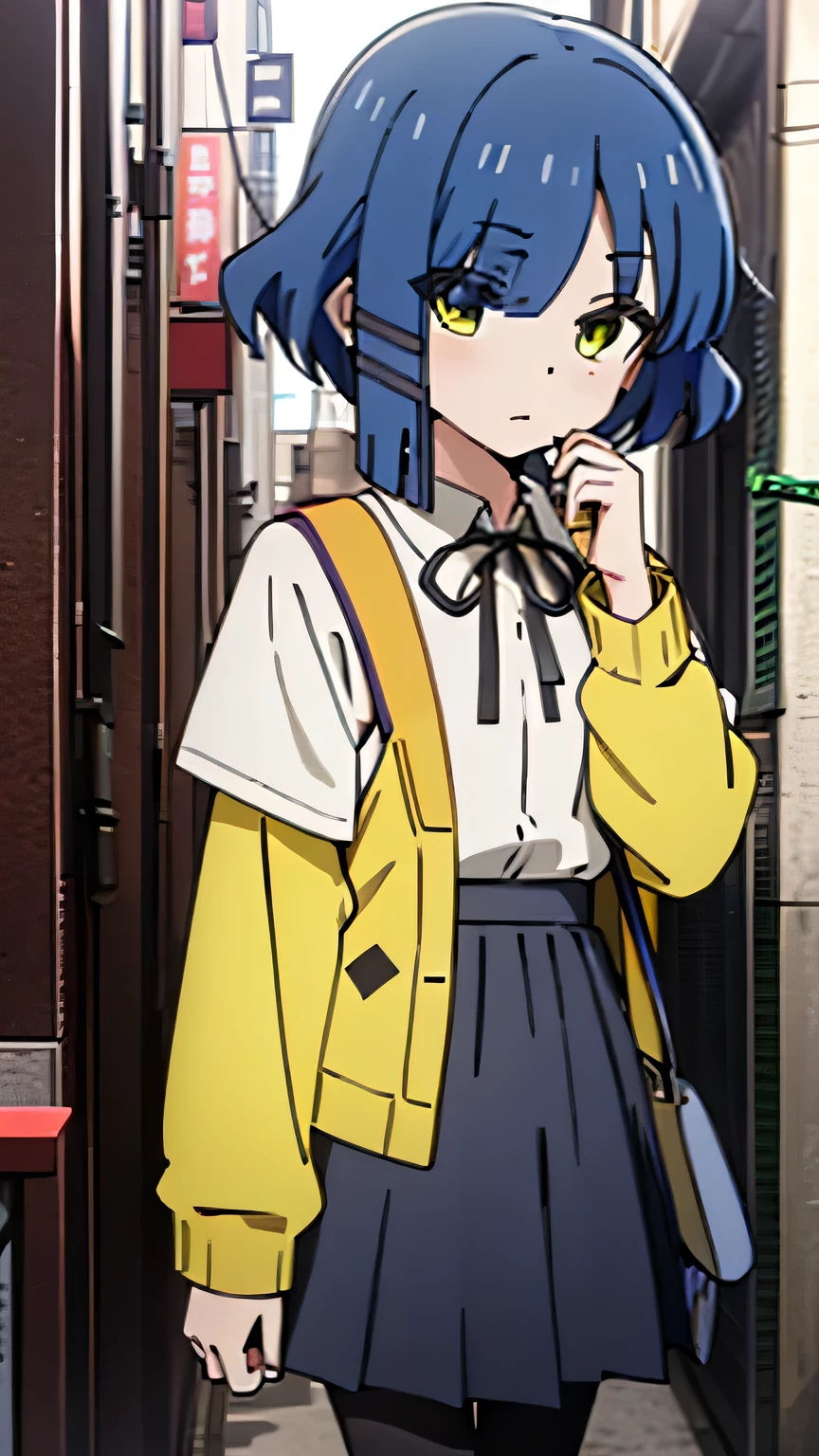 ryou yamada, blue hair, eyes visible through hair, mole, mole under eye, short hair, (yellow eyes:1.5), hairclips, black pantyhose, black ribbon, blue skirt, brown footwear, loafers, long sleeves, pantyhose, ribbon, , shimokitazawa high , shirt, shoes, skirt, white shirt,