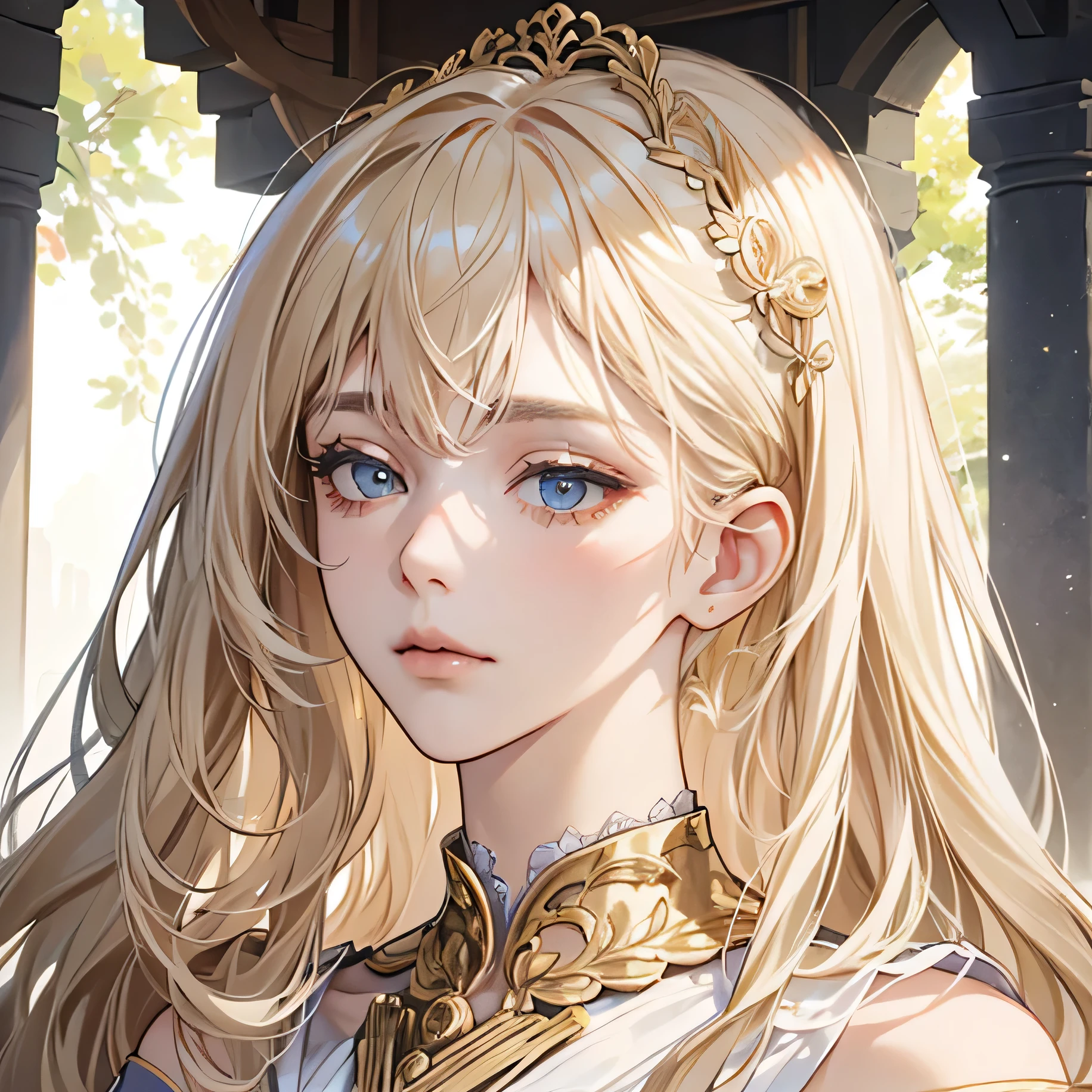 (extremely delicate and beautiful:1.2), 8K,(masterpiece:1.0),(best_quality:1.0), 1 girl, and intricate detailing, Enlarged textures, and intricate detailing, finely eye and detailed face, and intricate detailing, shiraga, platinum blonde curls long hair, (closed mouths), Perfect eyes, Equal eyes, carolina eyes (A famale god) with white and gold ancient clothing and blue accessories 