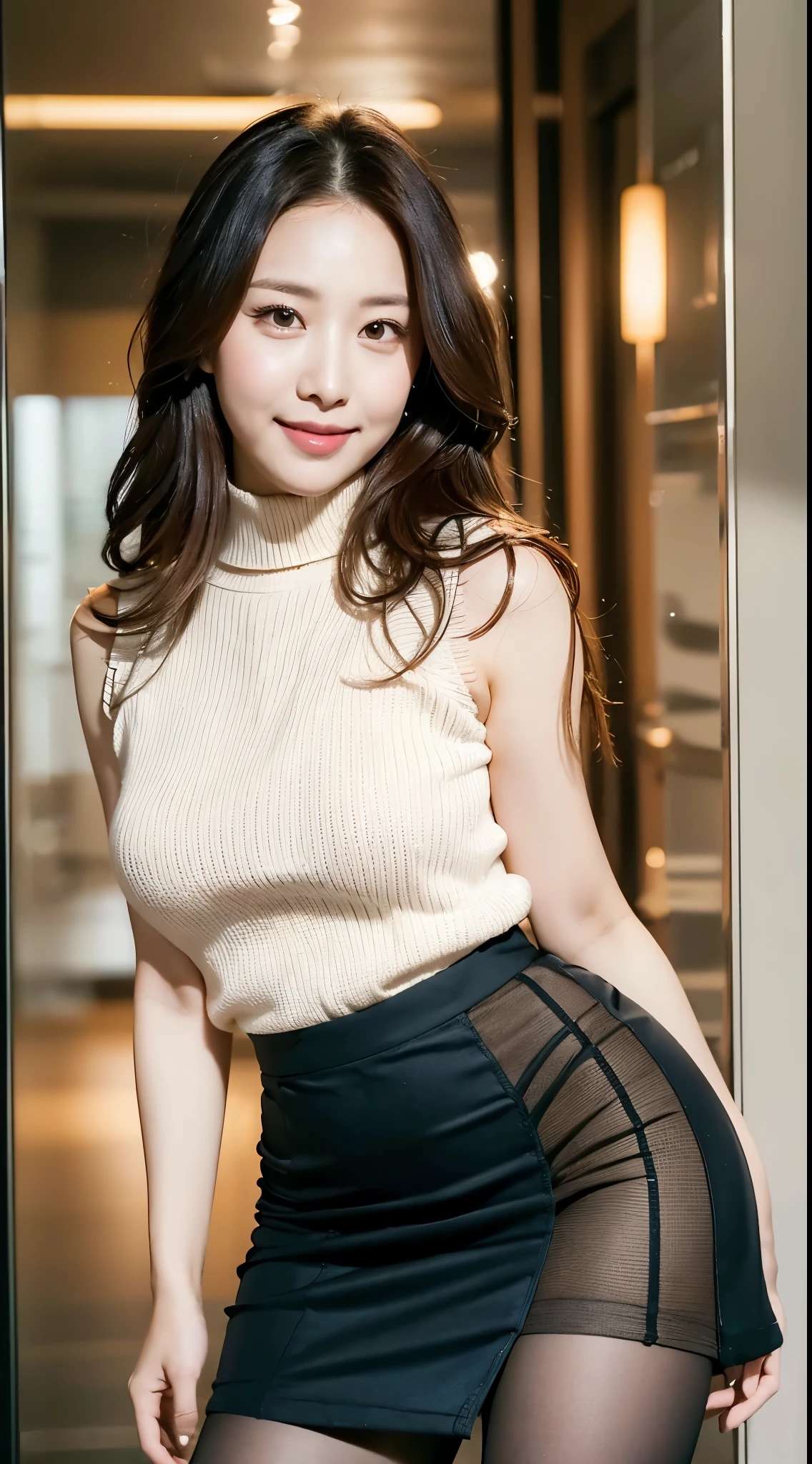 ulzzang-6500-v1.1,  (RAW Photos:1.2), (Photorealistic), Beautiful details, (Genuine: 1.4), Very detailedな目と顔, Beautiful and fine details, Standing in the office、(Sleeveless high neck sweater、flare skirt:1.2)、(Ultra-realistic pantyhose:1.6、High heels)、Stand with your legs crossed、Large file size, High resolution, Very detailed, highest quality, [masterpiece:1.6], Awareness-raising, Very detailed, Hmph, In detail, highest quality, 8k wallpaper, Cinema Lighting, One mature woman, 43 years old, Perfect figure, Cute droopy eyes、Beautiful big eyeastepiece)), highest quality, One mature woman, eye shadow, Portraiture, ((Full Body Shot:1.4))、(A very loving smile:1.2)、