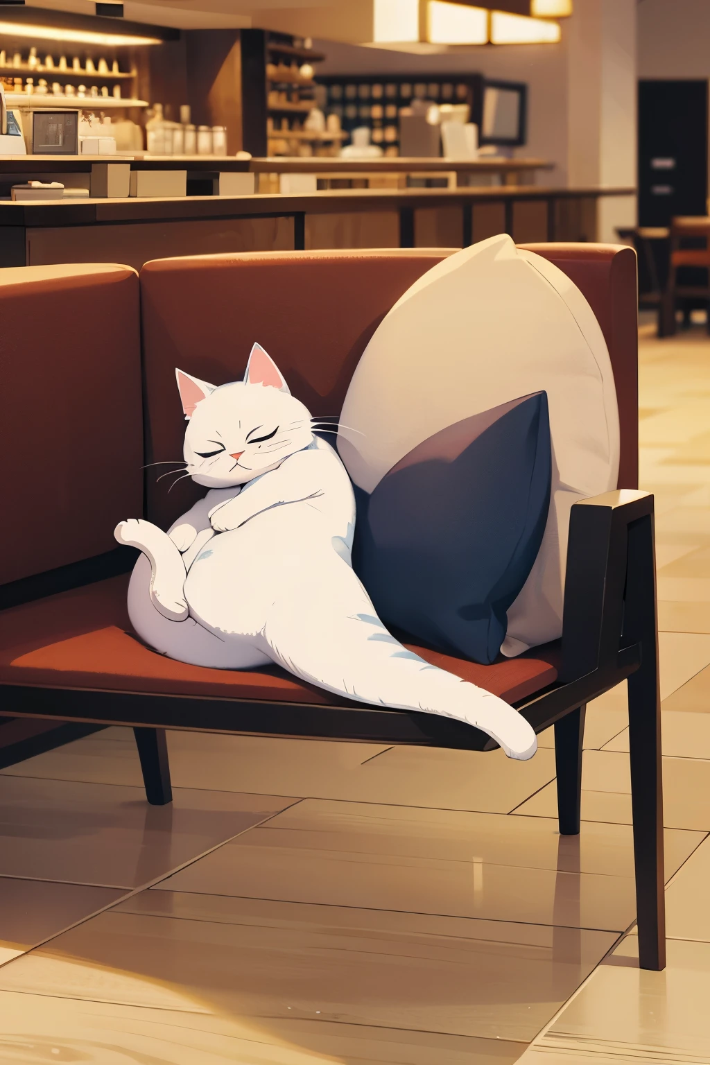 Cute cartoon cat pet. Sleeping in the Café.