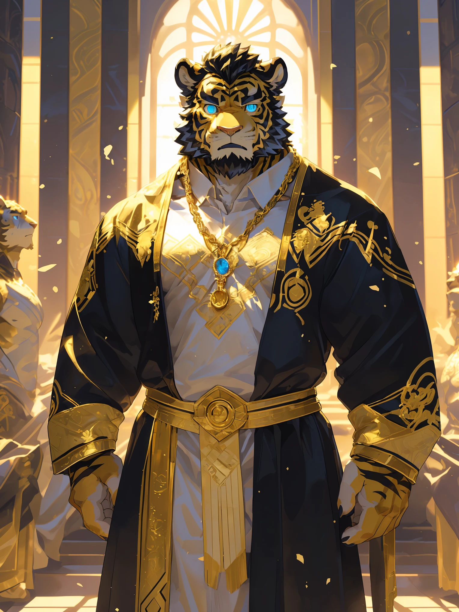 (Scarred body),(Wearing a black robe embroidered with gold patterns:1.5),king,16k high quality detailed art,(Wearing royal accessories:1),(Golden Tiger:1.1), (((White and golden fur:1.5))),(Duotone),(A pair of eyes of different colors, One eye has a golden eye,The other eye has a blue eye:1.7),Both eyes are the same size:1.4),(Muscular body:1.3),Handsome,(OK),(Perfect face),(Exhausted:1.1),(Gold and white skin:1.3),(Full body description:1.3),Publaz, (Golden Tiger:1.1), (((Gold and white fur:1.3))),Handsome, (OK),Express,(Royal Palace Background),(Frightened expressions:1.3),(Golden Tiger tail),不同的Express,(A perfect masterpiece),(32k),(Abdominal muscles:1.3),(((middle aged:1.4))),(36 years old),(Gold Stripes),alone,(Black sideburns:1.2),(black beard:1.3),(Black Chin:1.3),(golden face pattern:1),(Very rich facial details:1.3),(Strong),(Mighty pose:1.3),Front view,(CG),(HD),(Black hair),Clothes are messy,Full body portrait,(Detailed background:1.3)