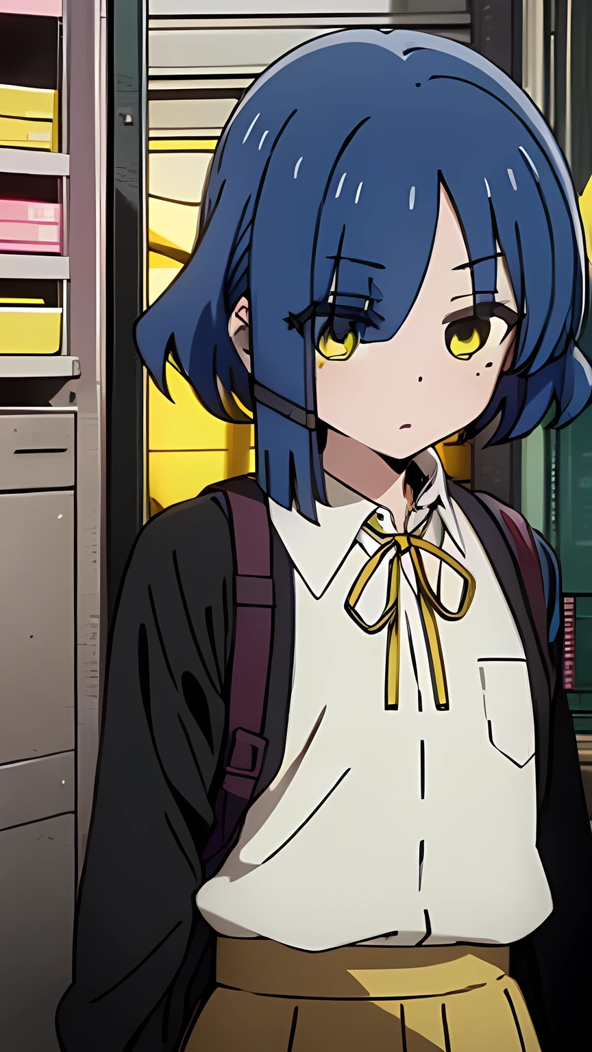 ryou yamada, blue hair, eyes visible through hair, mole, mole under eye, short hair, (yellow eyes:1.5), hairclips, black pantyhose, black ribbon, blue skirt, brown footwear, loafers, long sleeves, pantyhose, ribbon, , shimokitazawa high , shirt, shoes, skirt, white shirt,