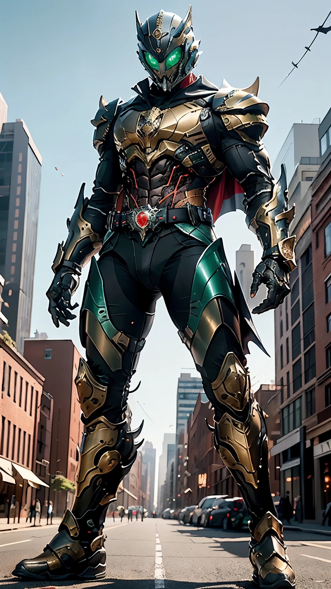 A man wearing a full-face helmet, a fantasy-style biotech armored combat suit, green eyes, (a composite layered chest armor), fully enclosed shoulder guards, matching arm and leg guards, the belt is adorned with fangs biting into gemstone, (the color scheme is primarily blue with black and red accents), the design balances heavy with agility, a high-tech bio-mecha armor, (Armor Concept Inspired by Vampire, the huge cape fluttering in the wind, stand on the top of a skyscraper in a futuristic sci-fi city), this character embodies a finely crafted fantasy-surreal style armored hero in anime style, exquisite and mature manga art style, (battle damage, element, blood, plasma, energy, the armor glows), ((male:1.5)), metallic, real texture material, dramatic, high definition, best quality, highres, ultra-detailed, ultra-fine painting, extremely delicate, professional, perfect body proportions, golden ratio, anatomically correct, symmetrical face, extremely detailed eyes and face, high quality eyes, creativity, RAW photo, UHD, 32k, Natural light, cinematic lighting, masterpiece-anatomy-perfect, masterpiece:1.5