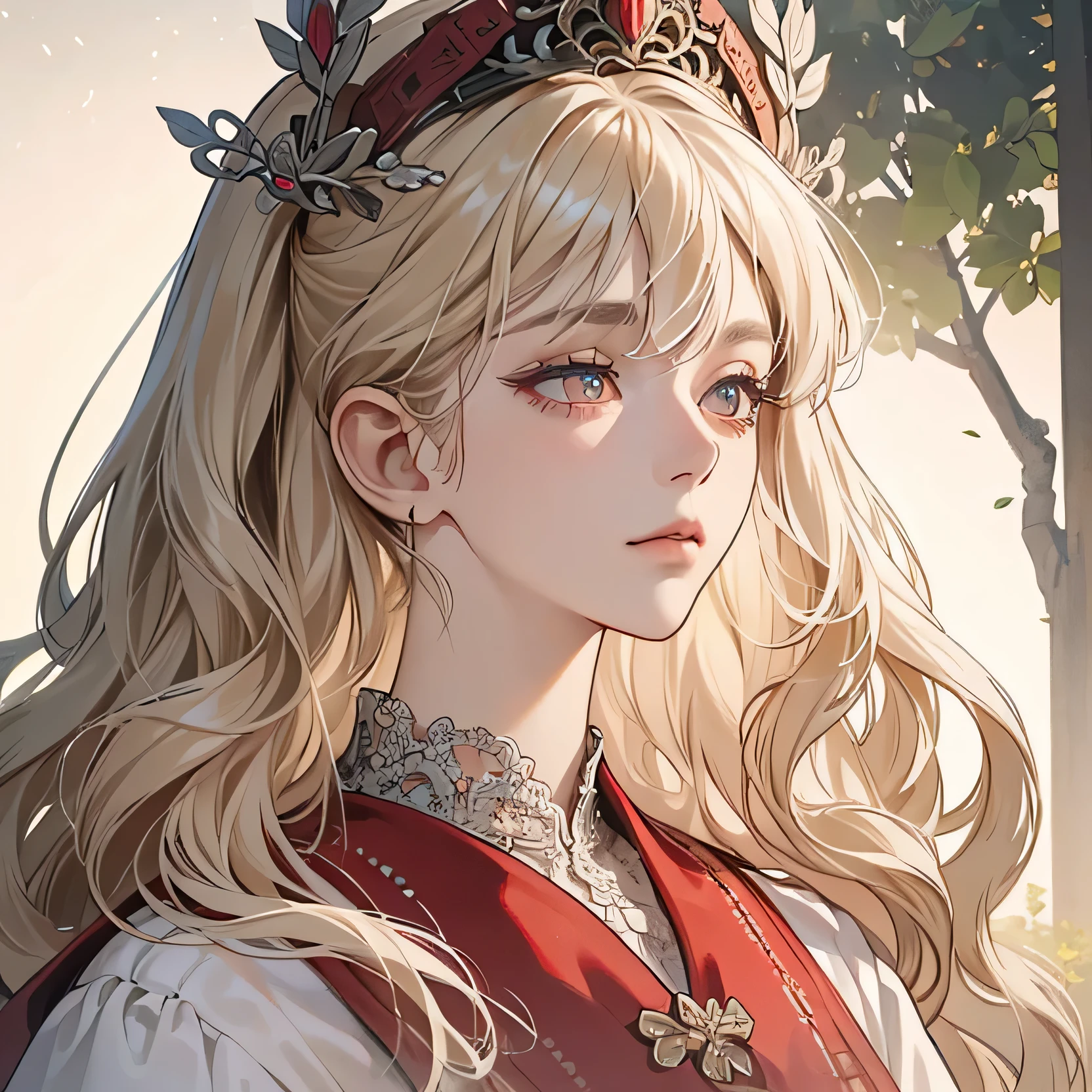 (extremely delicate and beautiful:1.2), 8K,(masterpiece:1.0),(best_quality:1.0), 1 girl, and intricate detailing, Enlarged textures, and intricate detailing, finely eye and detailed face, and intricate detailing, shiraga, platinum blonde curls long hair, (closed mouths), Perfect eyes, Equal eyes, carolina eyes (A famale god) with red ancient clothing and white accessories