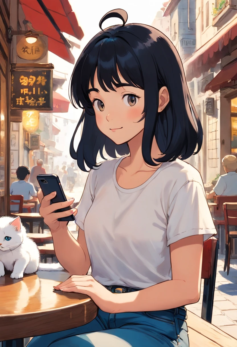 A black hair 50 years old female wearing a white t-shirt and black denim jeans looking at her cellphone at a cafe, white kitten, Tintin, herge, european comics