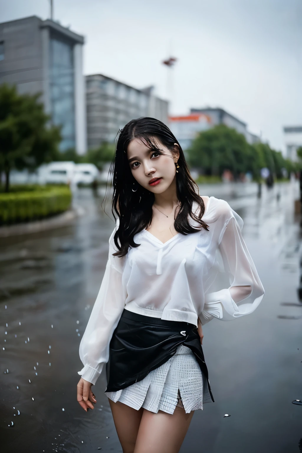 (Leica 10772 M-P, 85mm macro lens, F/8 aperture, film still), (RAW shooting, Photoreal:1.5, 8K, highest quality, masterpiece, ultra high resolution), perfect dynamic composition:1.2, (((Typhoon heavy rain))), raining, Highly detailed skin and facial textures:1.2, Japanese girl, 20 years old, Fair skin, white skin, (Whole body is floating in the air:1.4), perfect style:1.2, water droplets on the skin, (black hair:1.2), random hair, (Bra see-through, Chest gap), (rain drips all over my body:1.2, wet body:1.2, wet hair:1.3), (Wet mini skirt:1.2, Wearing wet clothes:1.3), (struggling, The expression on your face when you feel intense caress, Facial expression when feeling pleasure), (beautiful black eyes, Eyes that feel beautiful eros:1.3), (Too erotic:1.2, Bewitching:1.1), necklace, earrings,