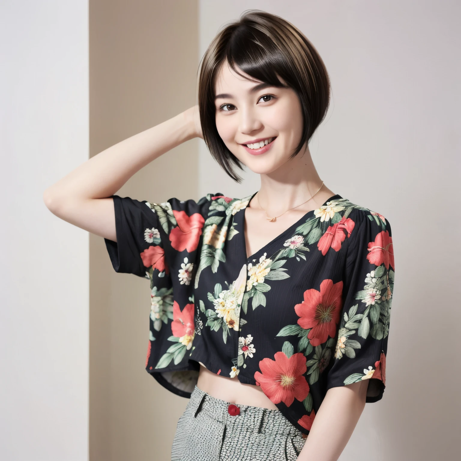 230 (18-year-old female,Floral clothes), ((short hair:1.46)), (Pants Style), (A kind smile)