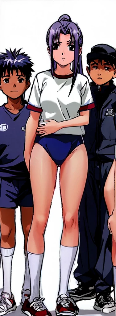 Momoko Koigakubo, a tall girl with beautiful legs, is standing with her legs spread to the sides in a white gym uniform and light navy blue bloomers that look like panties.。Next to Momoko Koigakubo, a fifth grade boy with a shaved head and wearing a tracksuit is smiling and grabbing her thigh.。