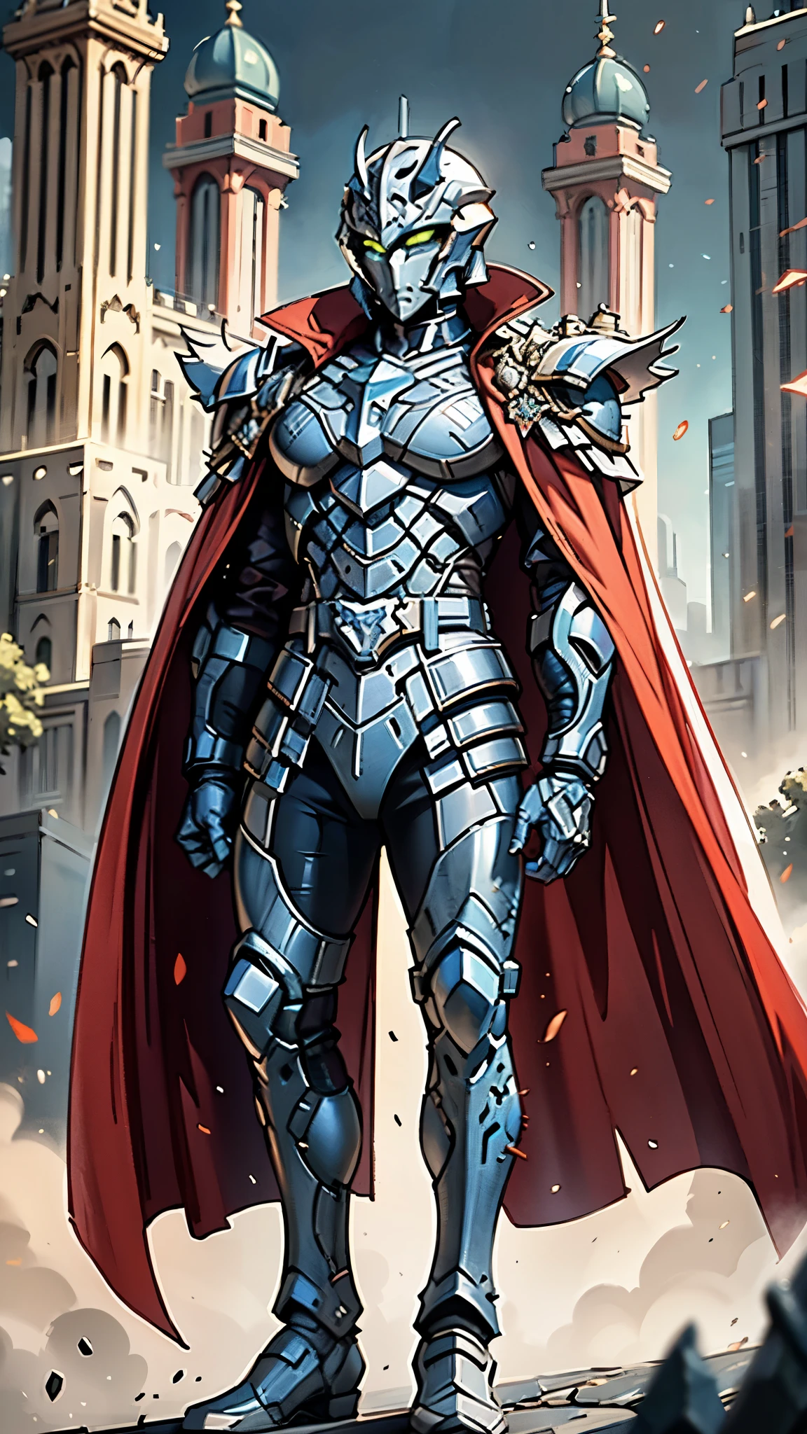 A man wearing a full-face helmet, a fantasy-style biotech armored combat suit, green eyes, (a composite layered chest armor), fully enclosed shoulder guards, matching arm and leg guards, the belt is adorned with fangs biting into gemstone, (the color scheme is primarily blue with black and red accents), the design balances heavy with agility, a high-tech bio-mecha armor, (Armor Concept Inspired by Vampire, the huge cape fluttering in the wind, stand on the top of a skyscraper in a futuristic sci-fi city), this character embodies a finely crafted fantasy-surreal style armored hero in anime style, exquisite and mature manga art style, (battle damage, element, blood, plasma, energy, the armor glows), ((male:1.5)), metallic, real texture material, dramatic, high definition, best quality, highres, ultra-detailed, ultra-fine painting, extremely delicate, professional, perfect body proportions, golden ratio, anatomically correct, symmetrical face, extremely detailed eyes and face, high quality eyes, creativity, RAW photo, UHD, 32k, Natural light, cinematic lighting, masterpiece-anatomy-perfect, masterpiece:1.5