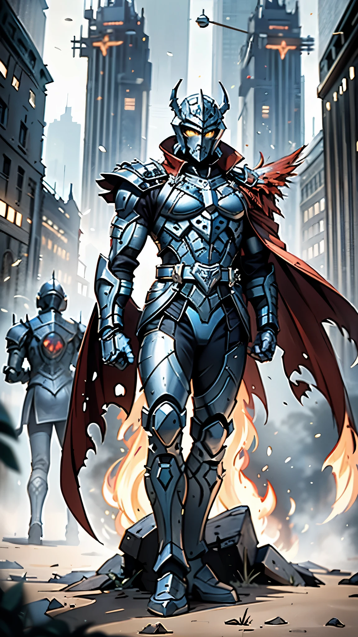 A man wearing a full-face helmet, a fantasy-style biotech armored combat suit, green eyes, (a composite layered chest armor), fully enclosed shoulder guards, matching arm and leg guards, the belt is adorned with fangs biting into gemstone, (the color scheme is primarily blue with black and red accents), the design balances heavy with agility, a high-tech bio-mecha armor, (Armor Concept Inspired by Vampire, the huge cape fluttering in the wind, stand on the top of a skyscraper in a futuristic sci-fi city), this character embodies a finely crafted fantasy-surreal style armored hero in anime style, exquisite and mature manga art style, (battle damage, element, blood, plasma, energy, the armor glows), ((male:1.5)), metallic, real texture material, dramatic, high definition, best quality, highres, ultra-detailed, ultra-fine painting, extremely delicate, professional, perfect body proportions, golden ratio, anatomically correct, symmetrical face, extremely detailed eyes and face, high quality eyes, creativity, RAW photo, UHD, 32k, Natural light, cinematic lighting, masterpiece-anatomy-perfect, masterpiece:1.5