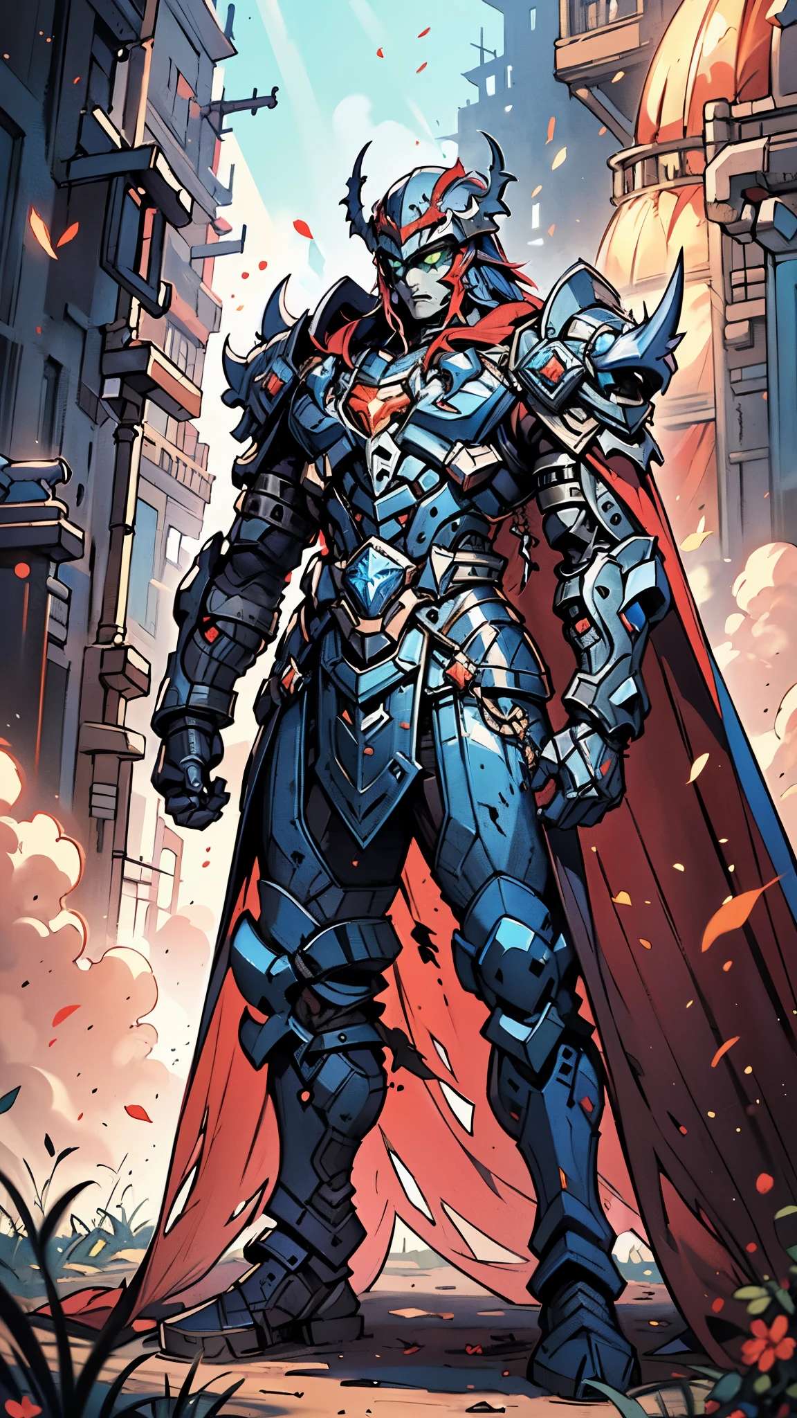 A man wearing a full-face helmet, a fantasy-style biotech armored combat suit, green eyes, (a composite layered chest armor), fully enclosed shoulder guards, matching arm and leg guards, the belt is adorned with fangs biting into gemstone, (the color scheme is primarily blue with black and red accents), the design balances heavy with agility, a high-tech bio-mecha armor, (Armor Concept Inspired by Vampire, the huge cape fluttering in the wind, stand on the top of a skyscraper in a futuristic sci-fi city), this character embodies a finely crafted fantasy-surreal style armored hero in anime style, exquisite and mature manga art style, (battle damage, element, blood, plasma, energy, the armor glows), ((male:1.5)), metallic, real texture material, dramatic, high definition, best quality, highres, ultra-detailed, ultra-fine painting, extremely delicate, professional, perfect body proportions, golden ratio, anatomically correct, symmetrical face, extremely detailed eyes and face, high quality eyes, creativity, RAW photo, UHD, 32k, Natural light, cinematic lighting, masterpiece-anatomy-perfect, masterpiece:1.5