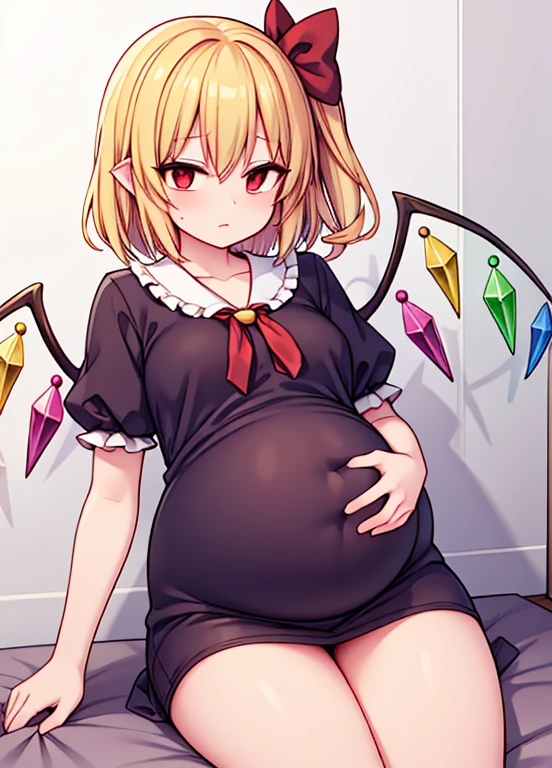 (Glasses), An image of a pregnant Flandre scarlet with her belly on full display. She is a very voluptuous lady, she is giving a handjob to a guy