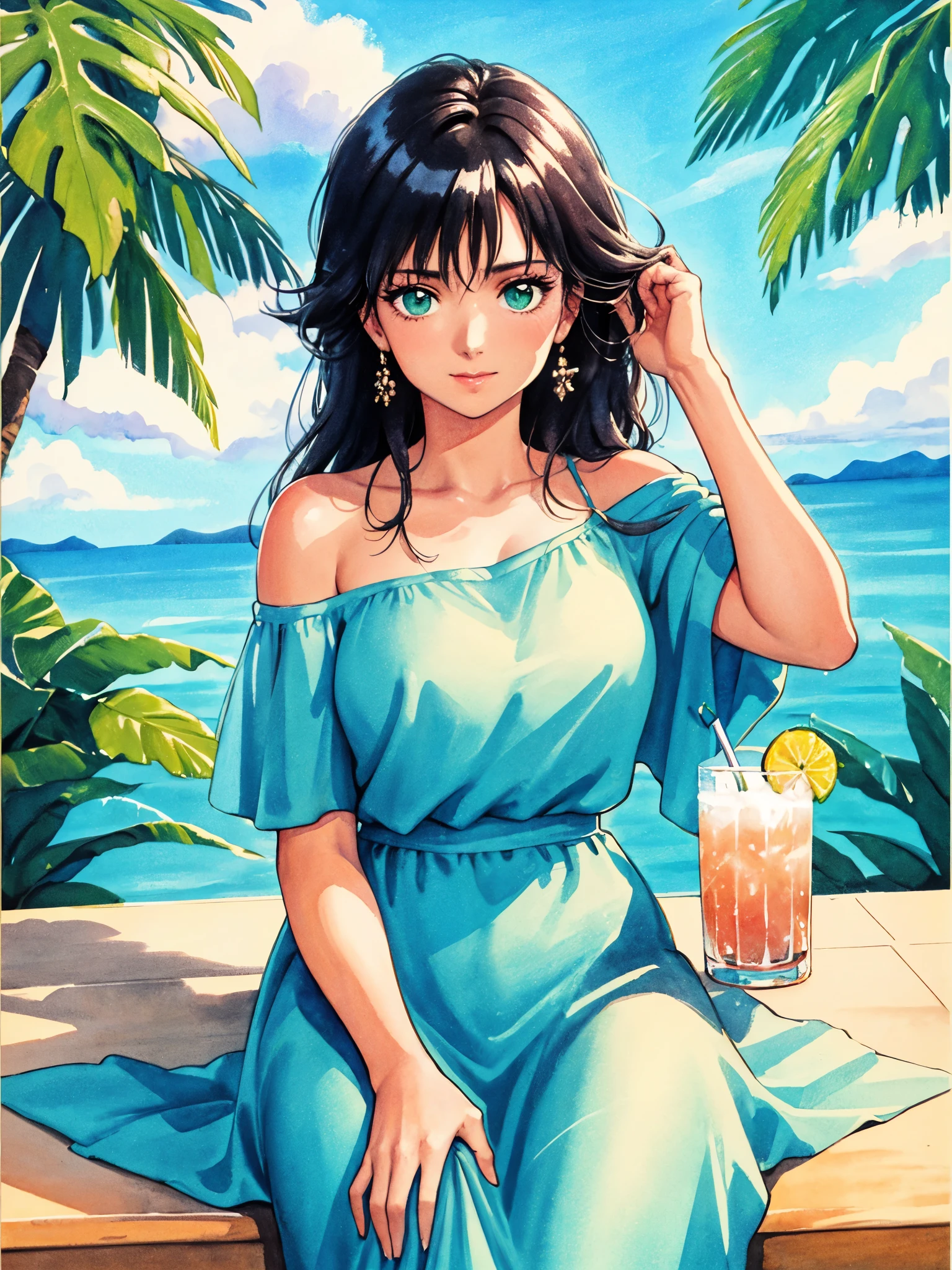 Armpit Show,highest quality, masterpiece,8k,Very detailed,
Off-the-shoulder dress, Sitting,table,Tropical Drinks,Put your hand on your cheek,elbows on table, 
View Viewer,drinking,
ayukawa madoka,Painting \(Moderate\),  [:Intricate details:0.2], Moisturized Skin, Shiny skin,Long Hair,Green Eyes,retro artstyle, Traditional Media, watercolor \(Moderate\), 1980s \(style\),